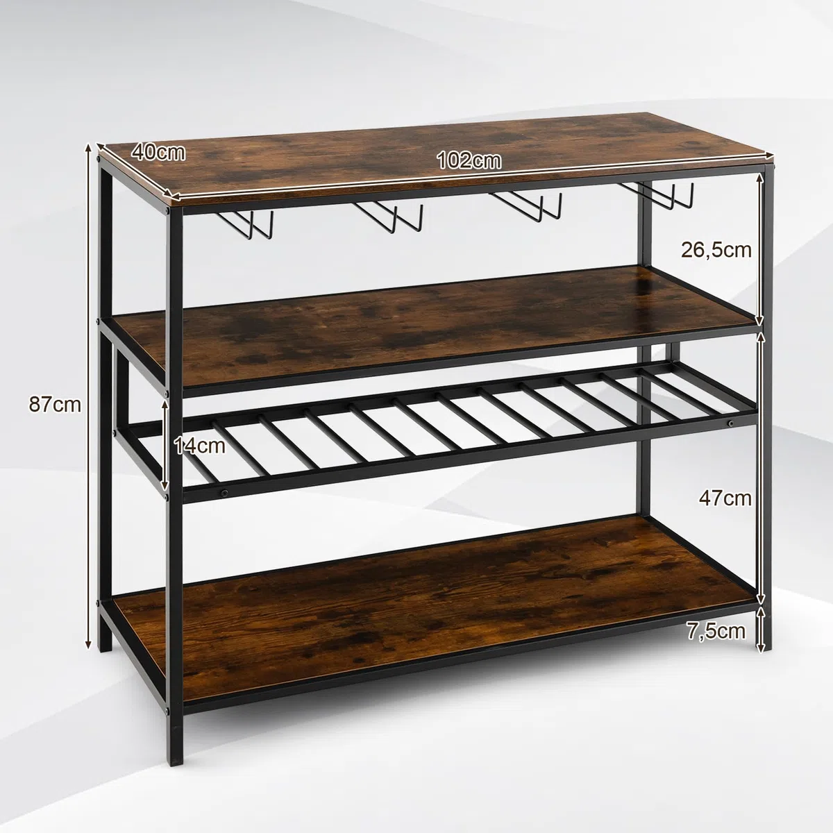 COSTWAY Estante Botellero Vino, Mueble Bar Industrial con Botellero y 4 Filas de Soportes para Vasos, Amplio Tablero y Estantes Abiertos, Armario Independiente para Vinos en Cocina, Comedor, Buffet