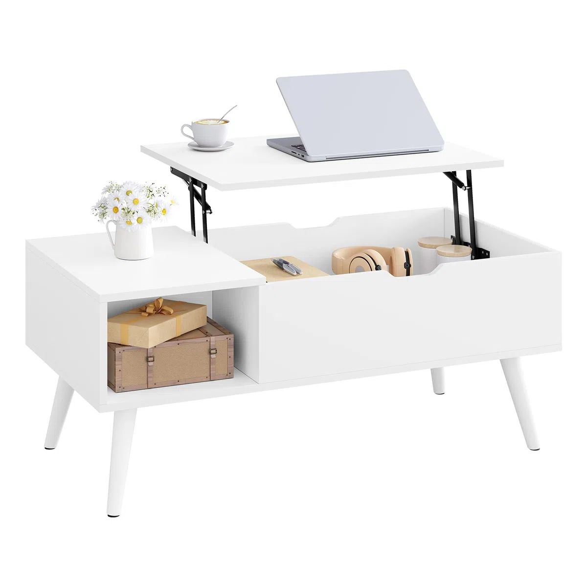 WOLTU Mesa Centro Elevable, Mesita Salon con Espacio Interno y Compartimento Abierto, Mesa de Salón Elevable y Extensible, Mesilla Auxiliar Multifuncional, 100x50x(43-57) cm, Blanco, BTS26ws