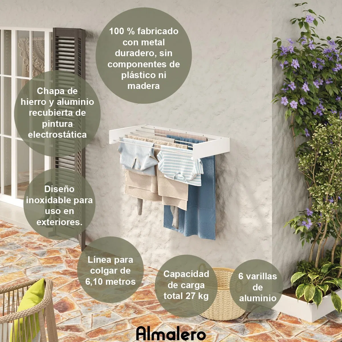 Tendedero Plegable de Pared - ANTIOXIDANTES- Tendedero - Tentedero Pared - Exterior e Interior - Tendederos Plegables - Calidad - 6 Barras - Carga Total 27 Kg - Blanco 100 Cm