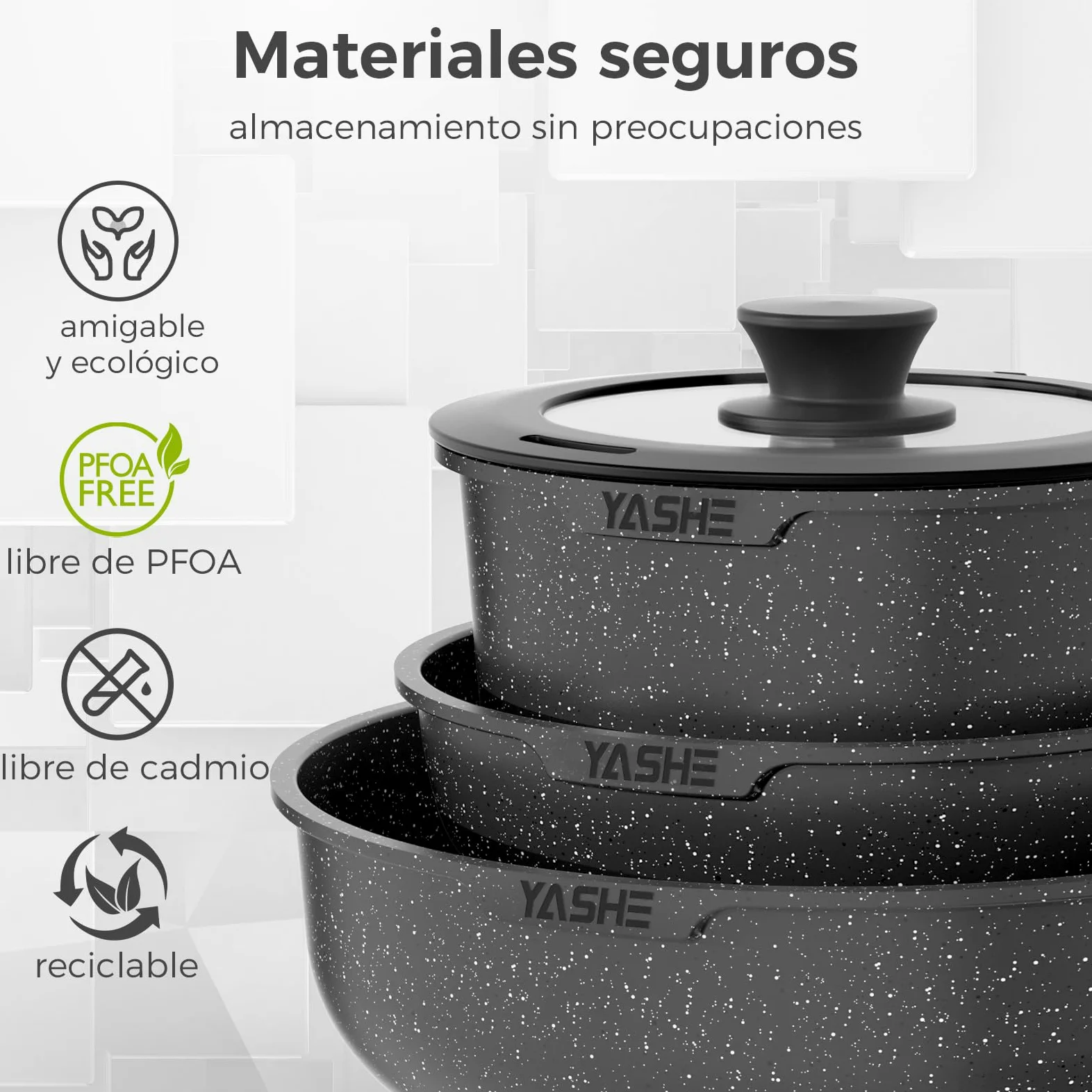 YASHE Juego de ollas y sartenes 15 piezas, revestimiento antiadherente granito, mangos desmontables, apilable, fácil de limpiar, compatible con inducción, gas y vitrocerámica, Blanco