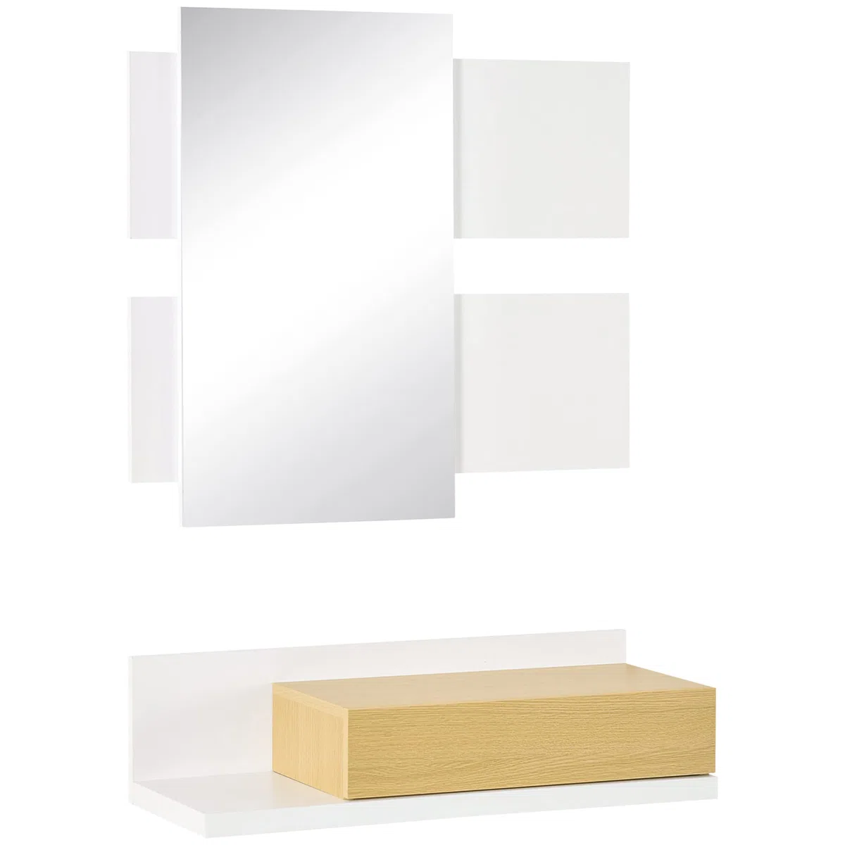 HOMCOM Juego de Muebles de Entrada Recibidor con Espejo y Cajón Estilo Moderno Recibidor Colgante para Pasillo 75x4x70 cm y 75x29x20 cm Blanco