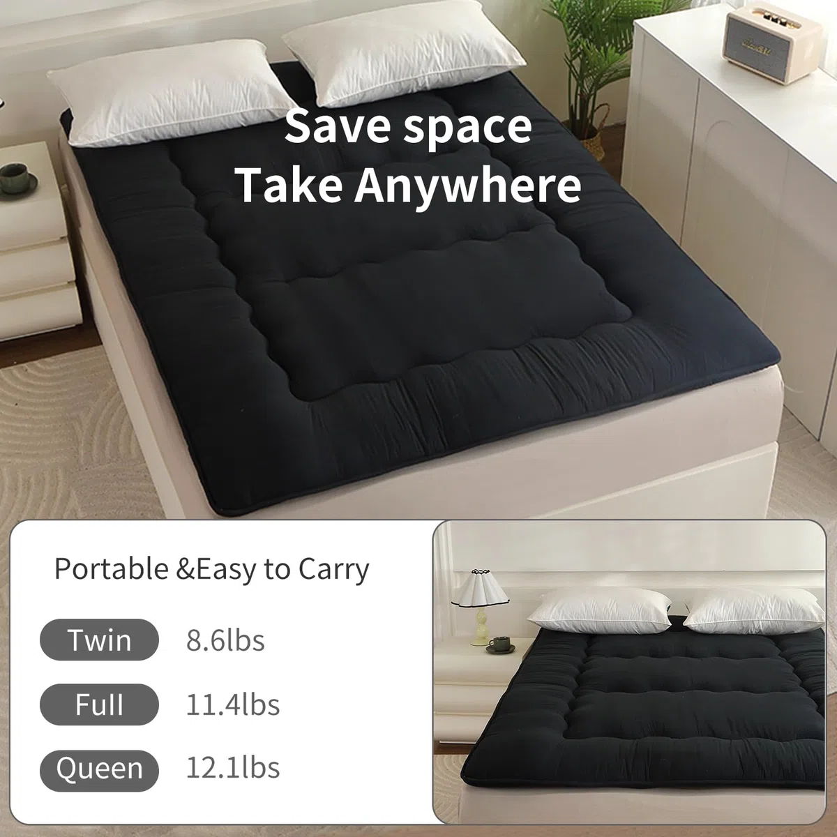 Colchón futón, colchón japonés, cama de suelo japonesa, cama de tatami plegable, colchón enrollable para habitación de invitados, dormitorio (azul marino, colchón queen (152 x 203 cm)