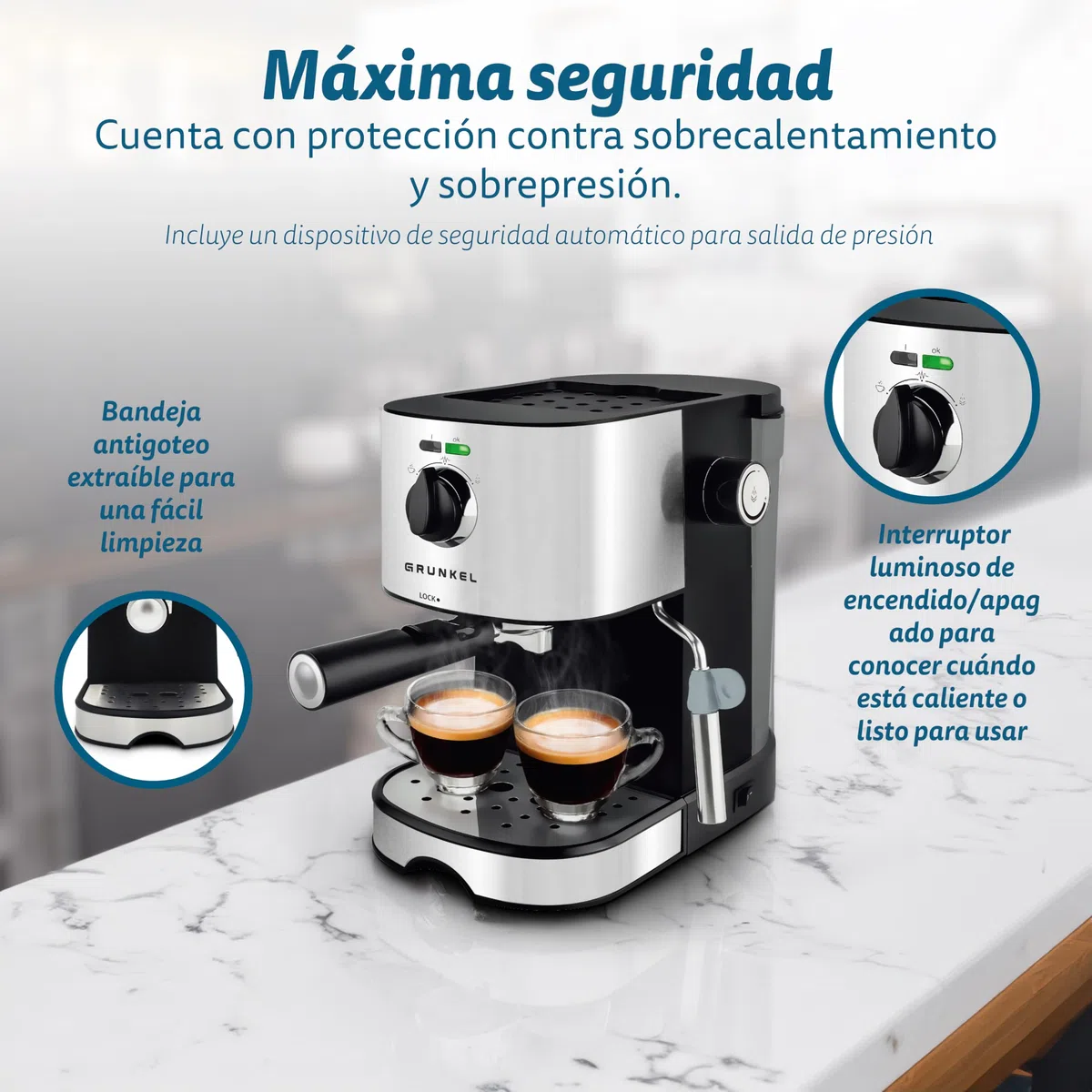 Grunkel - Cafetera Espresso de 15 bares presión - CAFPRESO H15 - y Vaporizador orientable y Filtro Doble Salida en acero inoxidable. Bandeja antigoteo y protección Sobrecalentamiento. 1L 850W