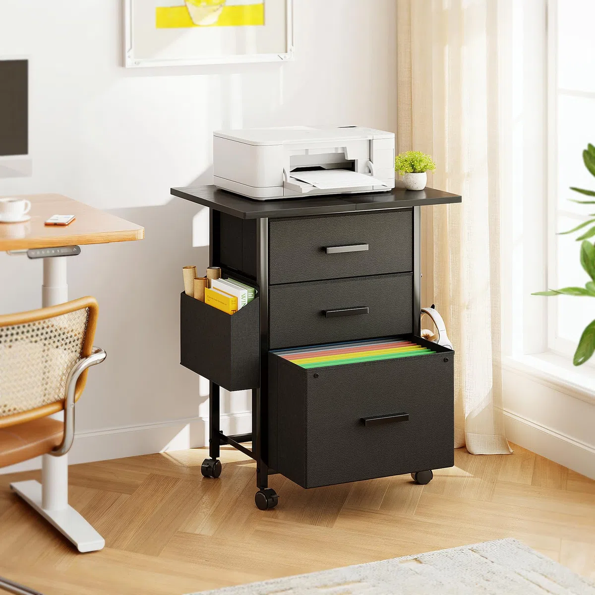 CAIYUN Archivador con Ruedas con 3 cajones y Ruedas para Documentos A4, tamaño Carta, Soporte para Impresora con un Ancho de 56 cm, diseño Industrial, Color Negro