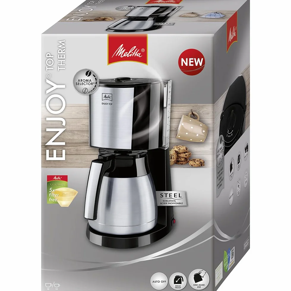 Melitta Enjoy Top Therm, 1017-08 - Cafetera de goteo con jarra térmica y tapa Easy Click, cafetera de filtro con portafiltros pivotante, máquina de café para hasta 10 tazas, 1,25 L, negro