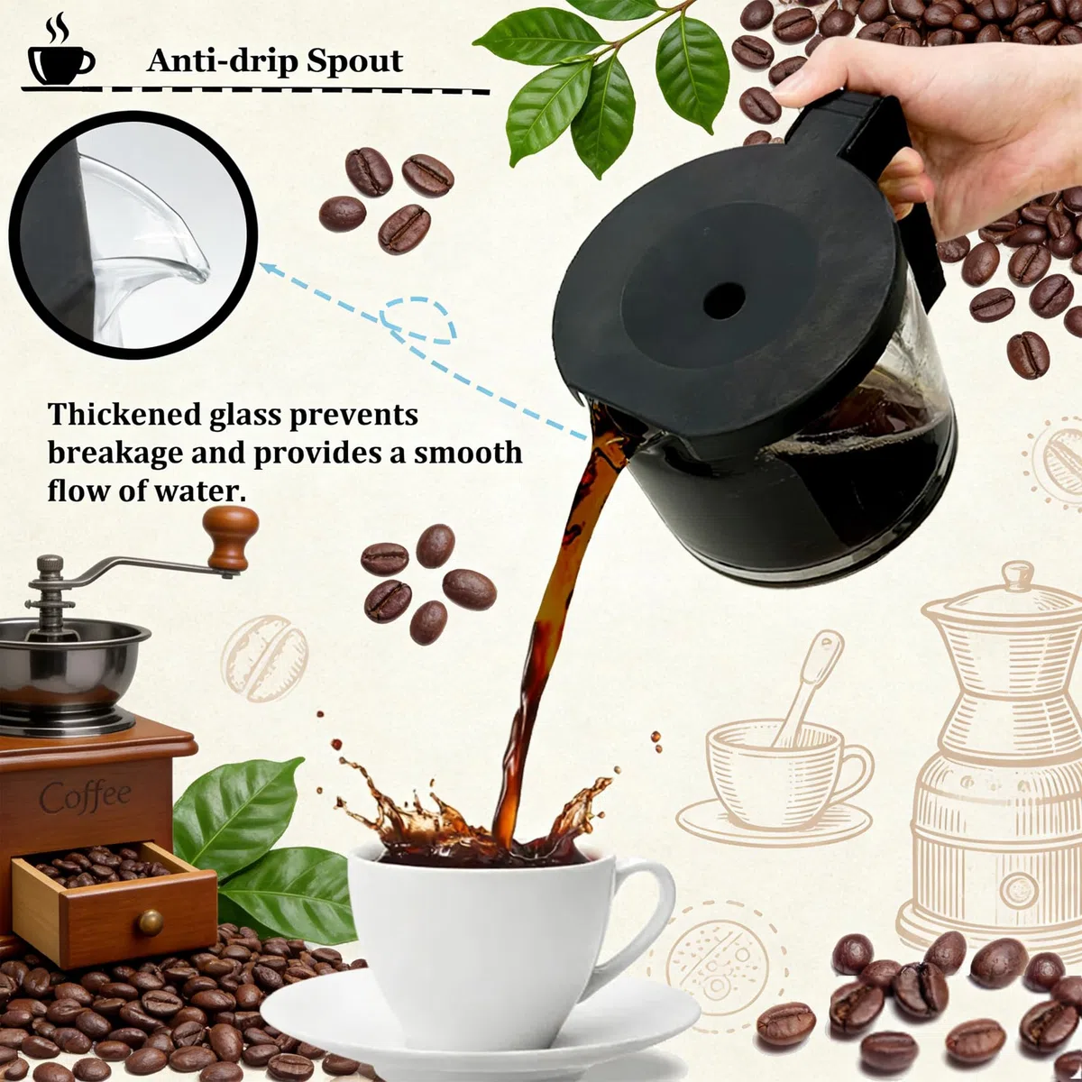 Jarra de repuesto para Technivorm 89830 de 1.25L/40 onzas, jarra de repuesto de jarra de 10 tazas compatible con máquinas de café Moccamaster KBG/CDG/KBGV Select/CD, resistente a los arañazos y