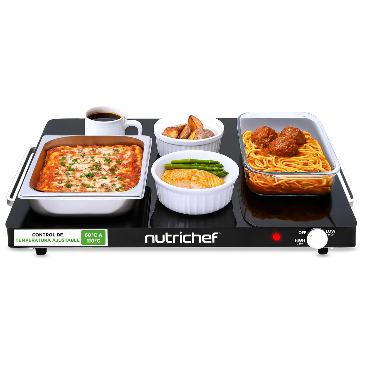 Nutrichef Bandeja Electrica, Hot Plate, de Servicio con Superficie de Vidrio, Temperatura Ajustable, Ahorro de Espacio, Ideal para Buffets, Fiestas y Mas
