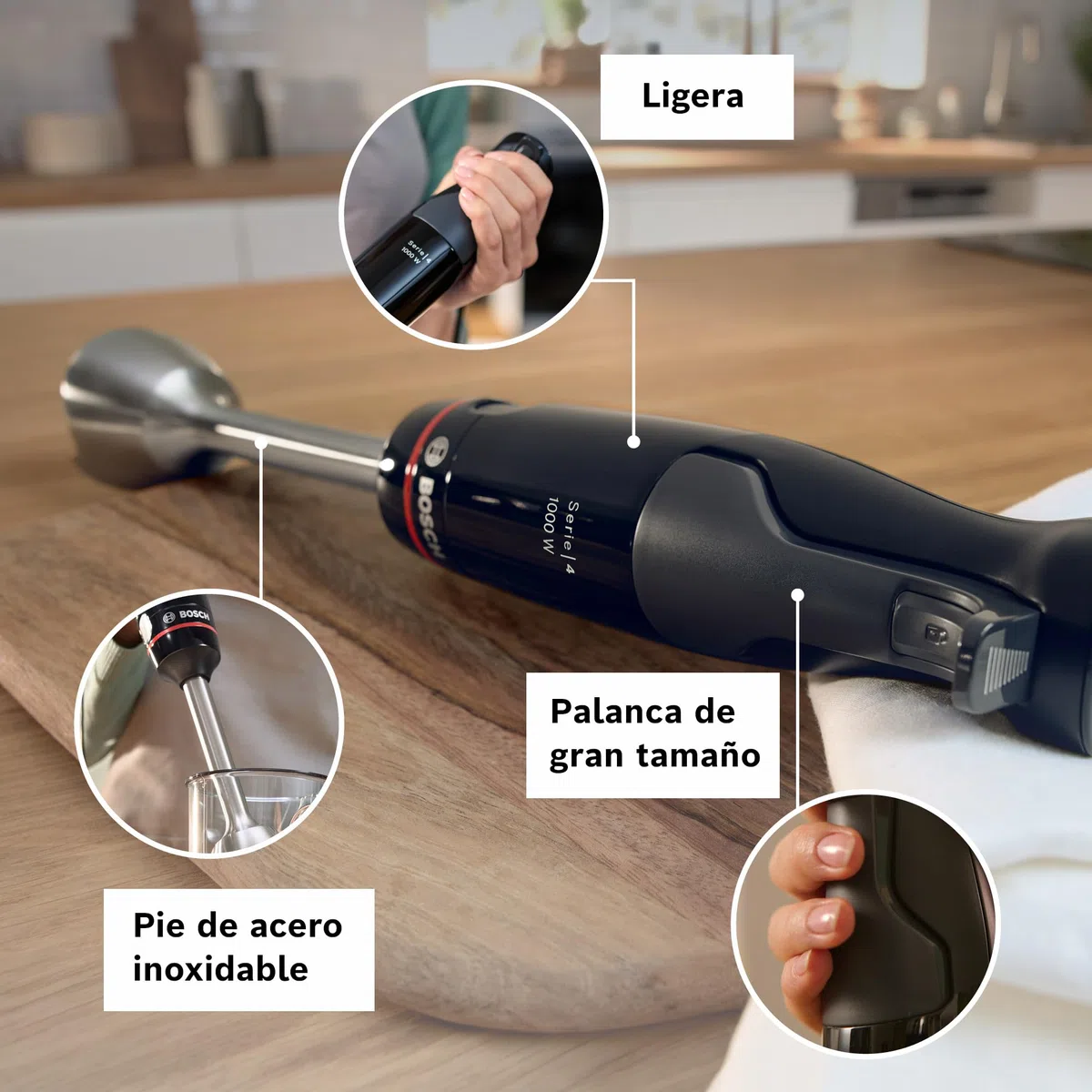 Bosch - Batidora de Mano, ErgoMaster, 1000W, QuattroBlade, Accesorios Incluidos, Serie 4, Antracita, MSM4W421