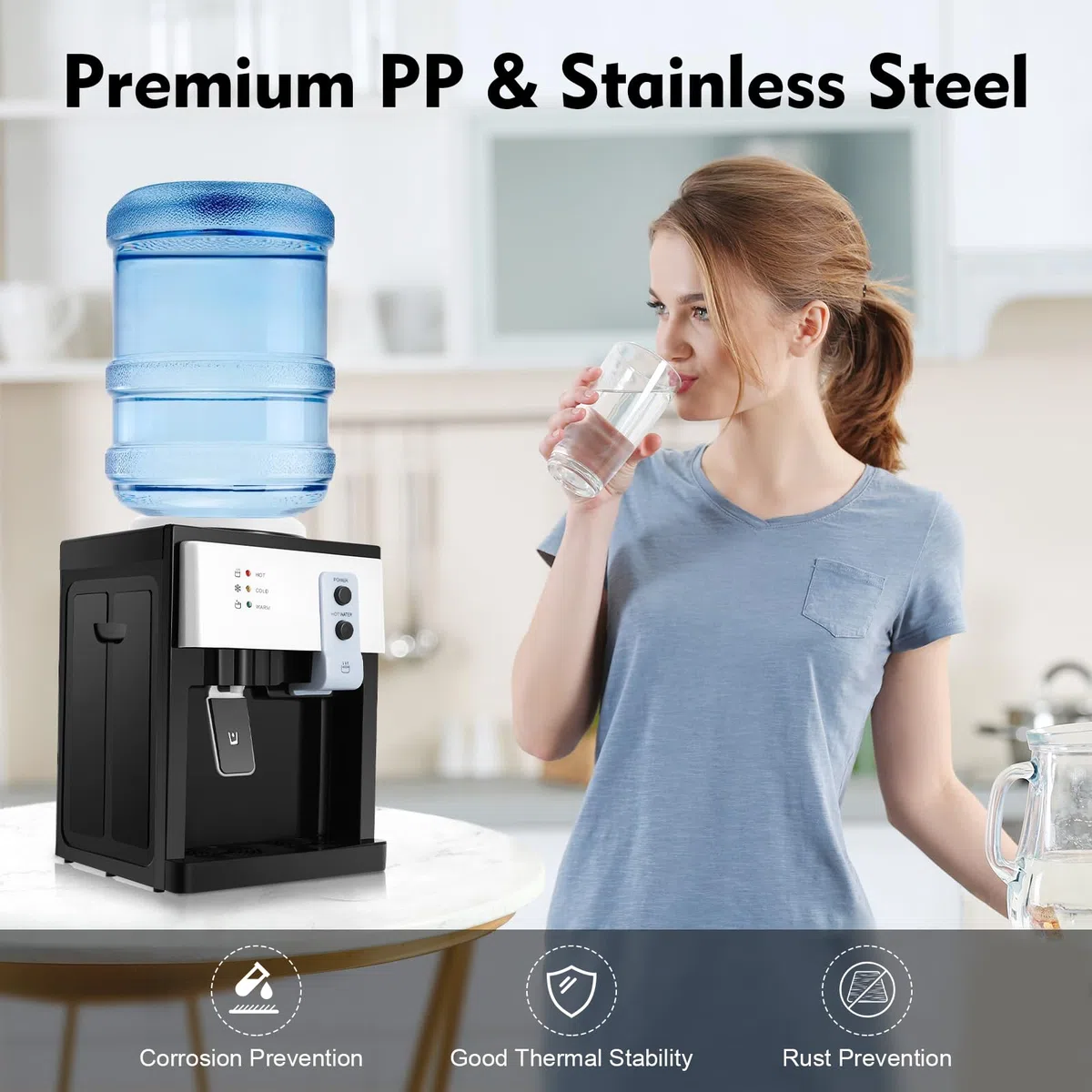 Dispensador eléctrico de agua fría y caliente, dispensador de agua caliente de 220 V, arranque con un botón con sumidero de agua extraíble, con 1,1-4,9 gal, cubos de agua, para escritorios, mesitas de