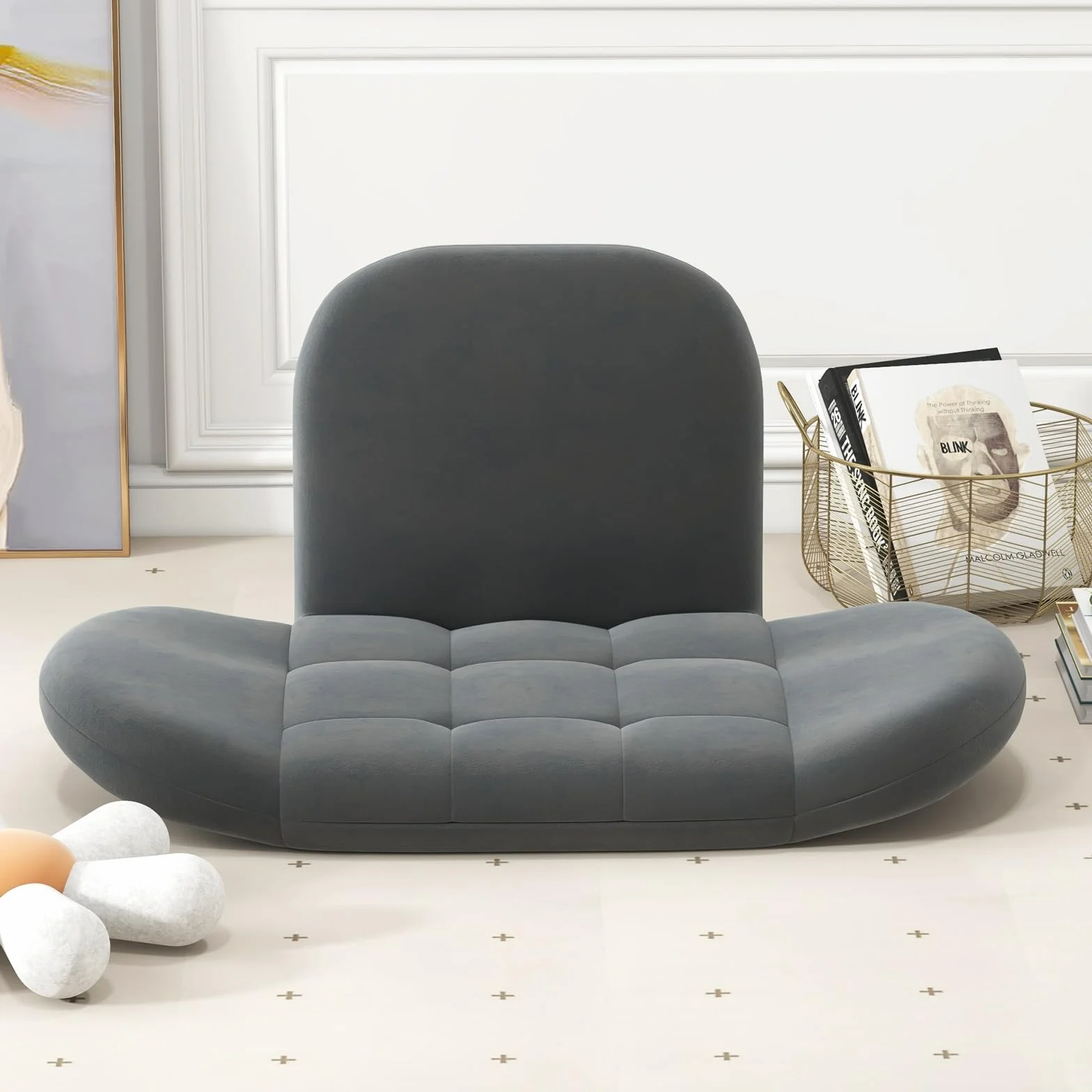 GOPLUS Silla de Suelo Plegable, Silla para Juegos con Respaldo Ajustable en 3 Posiciones y Reposabrazos de 5 Posiciones, Sofá Suelo de Tela para Leer Salón Dormitorio Oficina (sin Base Giratoria)