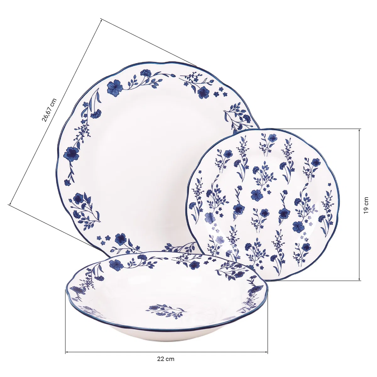 Cofan Vajilla de porcelana esmaltada | Juego de 18 piezas | Diseño floral azul y blanco | Apta para lavavajillas, microondas y horno