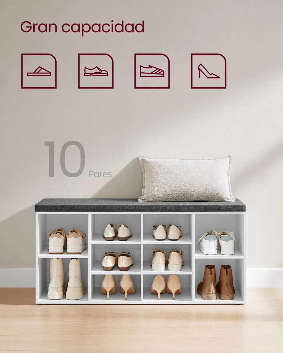 VASAGLE Banco para Zapatos, Repisa para Zapatos, Armario de Almacenamiento, 10 Compartimentos, con Cojín, para Entrada, 104 x 30 x 48 cm, Blanco LHS10WT