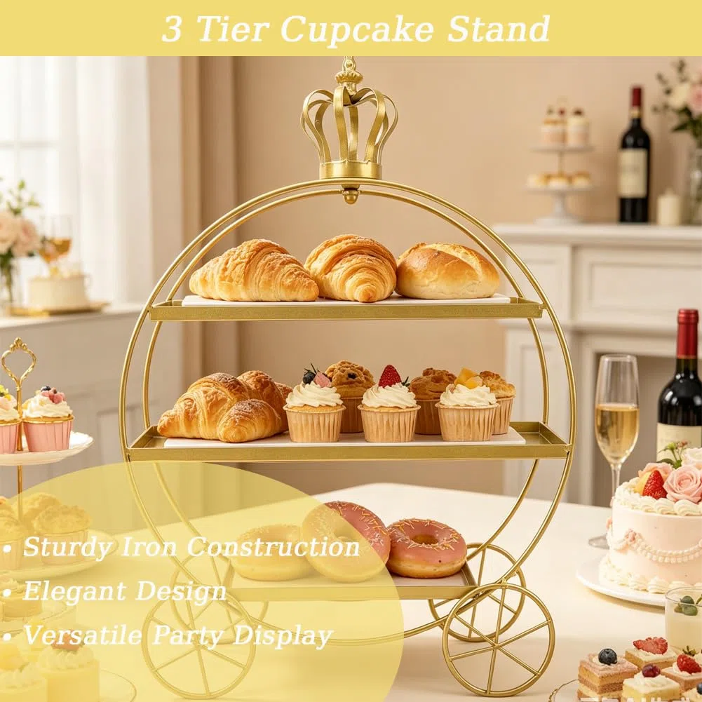 Soporte para Cupcakes de 3 Niveles, Bandejas de Hierro para Cupcakes, Donas, Frutas, Pasteles, Bandeja de Postres para Fiestas de Té, Cumpleaños Y Bodas (Dorado)