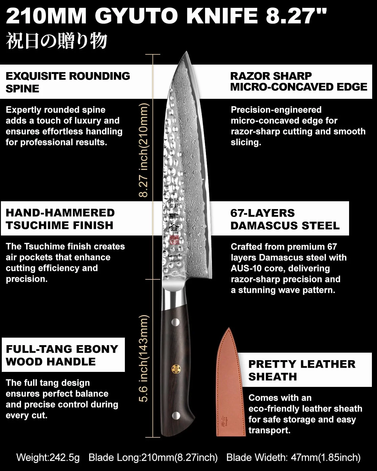 Kanngou - Cuchillo japonés de Damasco (21 cm, cuchillo Gyuto de acero Damasco 67 capas, mango de madera de ébano espiga completa, cuchillo de cocina profesional con estuche de regalo premium)