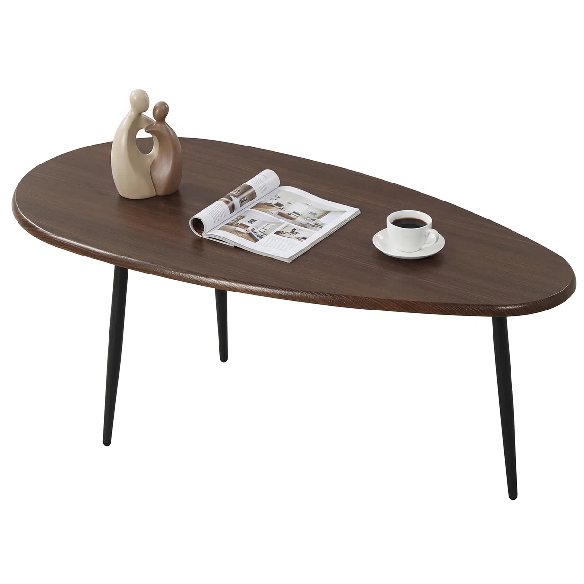 COSTWAY Mesa de Centro Ovalada, Mesita Central con Construcción Metálica Resistente y Diseño Compacto para Sofá, Mesita Auxiliar para Salon, Oficina, Mesita de Café, 108 x 56 x 44 cm (Nogal)