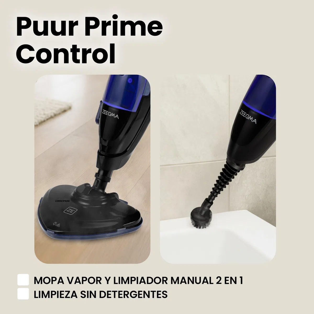 ZEEGMA Puur Prime Control – Mopa de Vapor 2 en 1 con 13 Accesorios, 1500 W, Depósito Extraíble 400 ml, Calentamiento 20 s, 3 Niveles de Vapor, Cabezal Giratorio, Cable 7 m – Limpieza sin Químicos