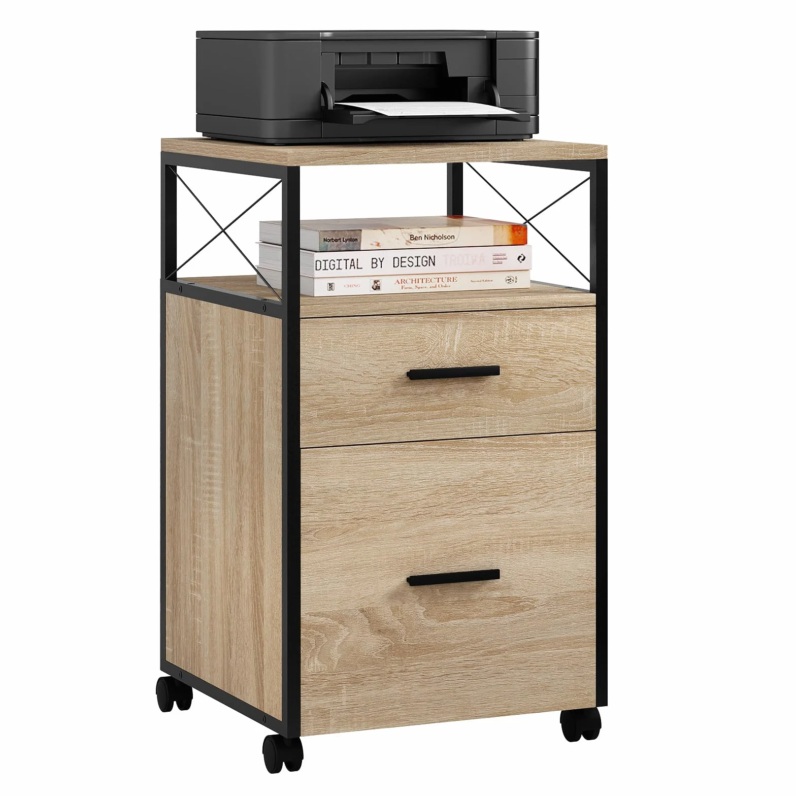WOLTU Armario Archivador Móvil, Cajonera Escritorio con Ruedas, Mueble Oficina 2 Cajones y 1 Estante, Gabinete Almacenaje para Impresora, Carpetas, Archivos A4, Roble Claro, 40x40x69 cm, ASK09hei