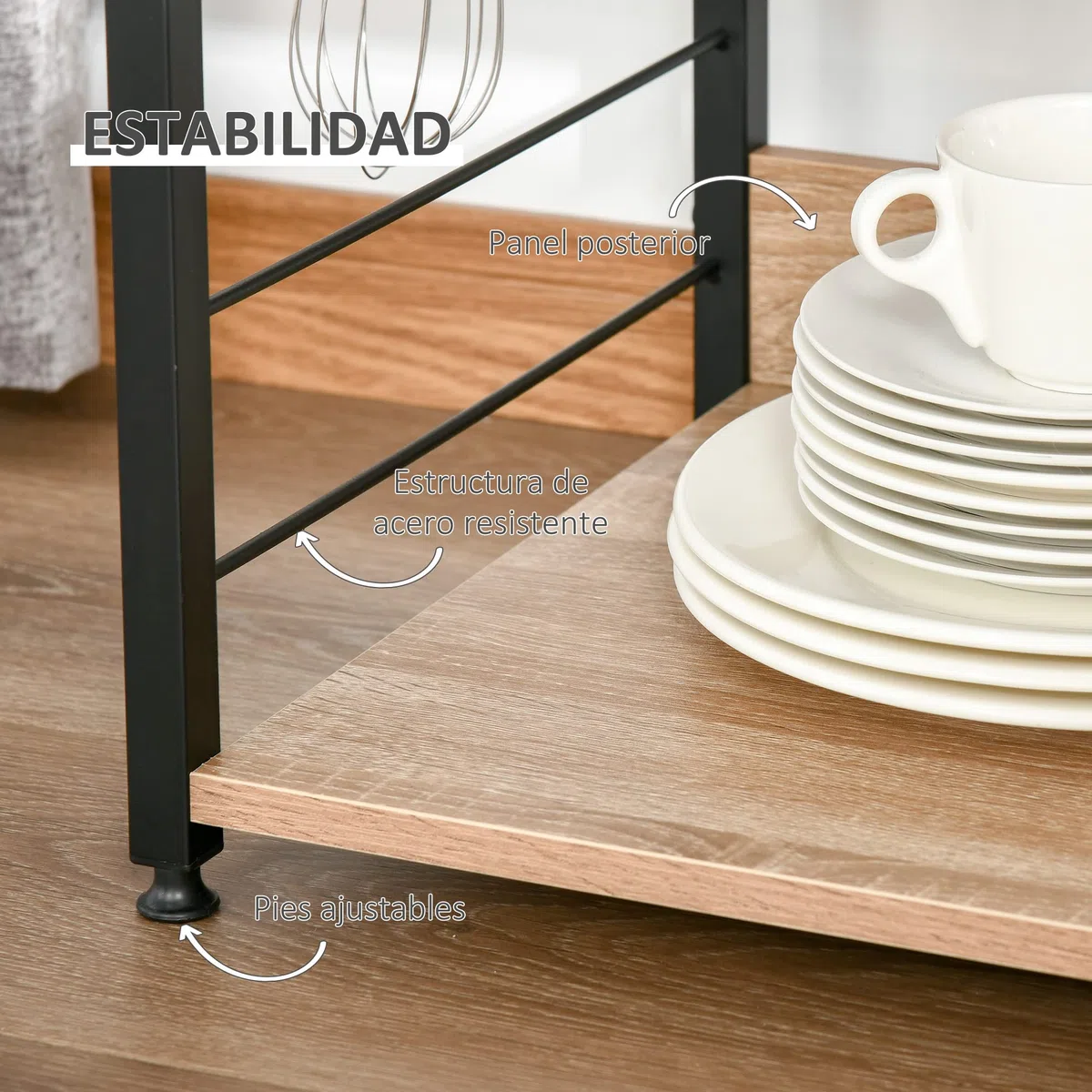 HOMCOM Estantería de Cocina de 4 Niveles Estante de Cocina con Ganchos Estantería para Microondas 60x40x125 cm Madera Natural