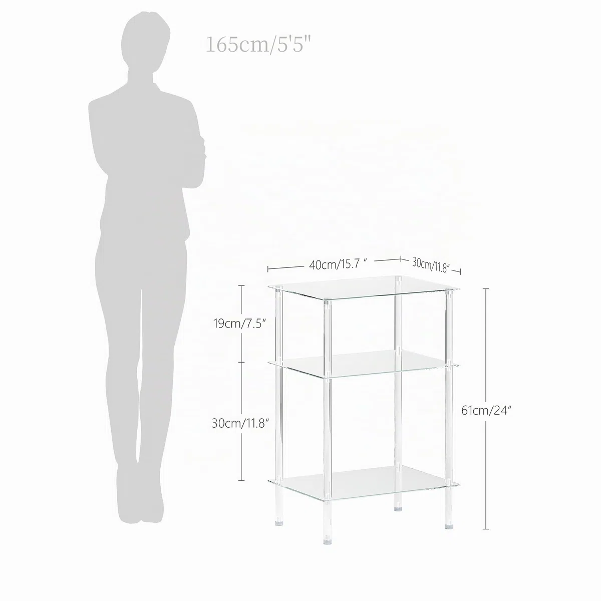 Mesa de Centro Cuadrada Mesa de Cristal Transparente con 3 Niveles Mesas Auxiliares para Salon y Dormitorio Diseño Elegante LET519TR