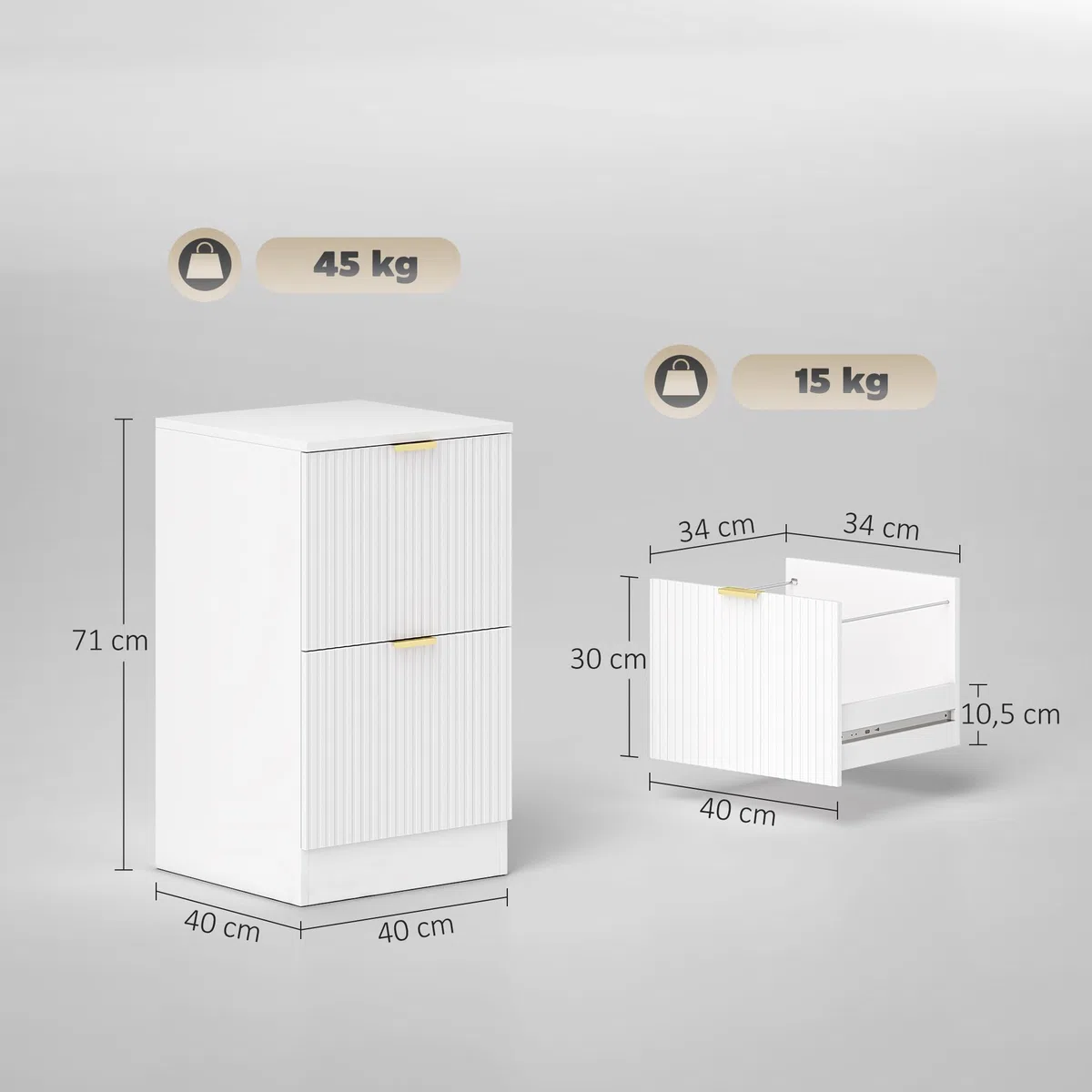 HOMCOM Cajonera de Oficina con 2 Cajones Cajonera de Escritorio con Frentes Acanalados Mueble Archivador para Tamaño A4 o Carta para Estudio 40x40x71 cm Blanco