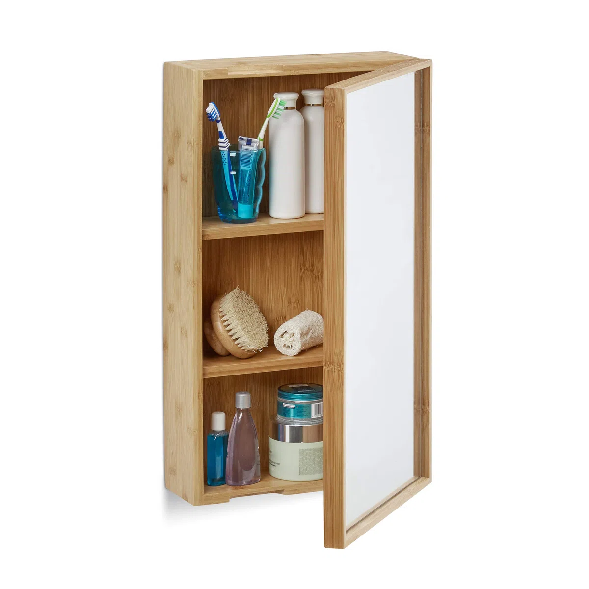 Relaxdays Armario baño de bambú, Auxiliar de Pared con una Puerta, 3 Compartimentos, Espejo Grande, Sin Montaje, Natural