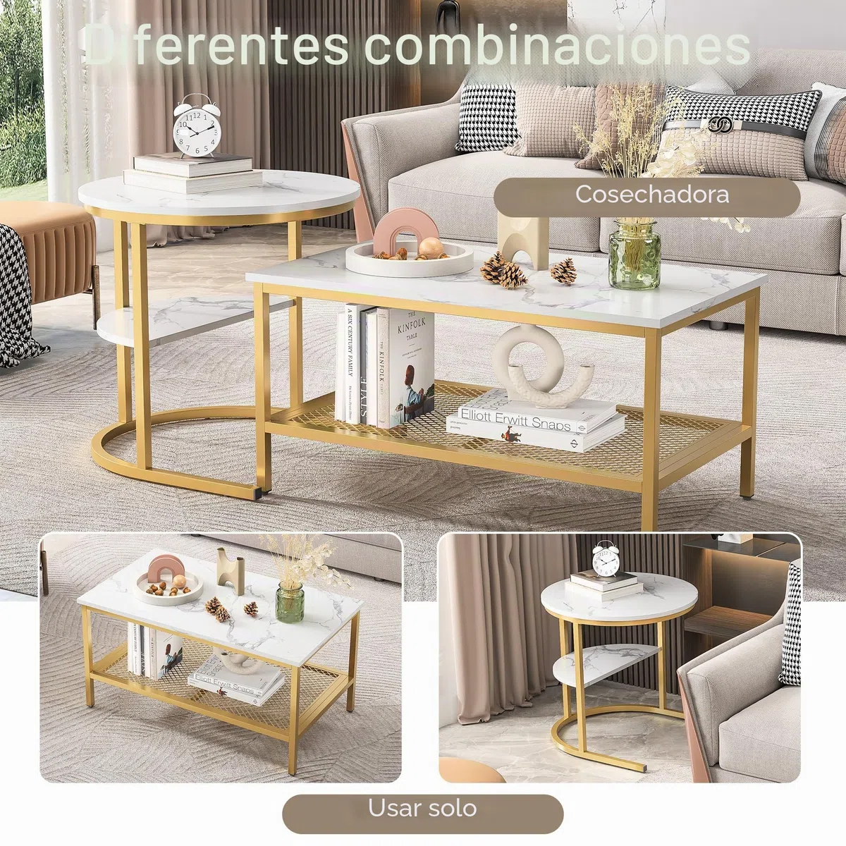 BFYDOAA - Juego de 2 mesas auxiliares nido con marco de metal para sala de estar: doble capa, mesa baja de mármol moderna, fácil de montar