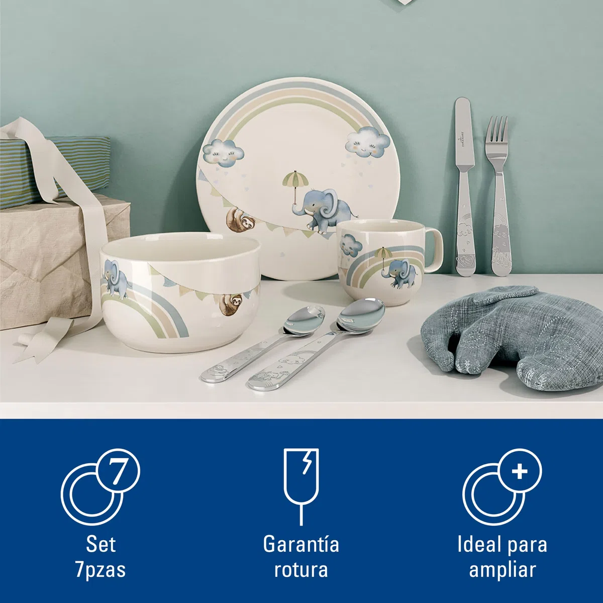 Villeroy & Boch - Walk like an Elephant Set de Vajilla Infantil 7 Piezas Azul, Apto para Lavavajillas, Apto para Microondas, Cubiertos Infantiles, Cubiertos para Niños, Plato, Porcelana Premium
