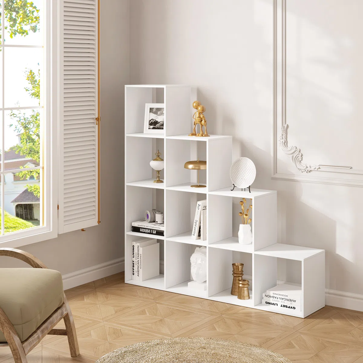 WOLTU Estanteria Libreria con 10 Compartimentos, Estanteria de Almacenamiento de Madera, para Salon, Estudio y Oficina, Blanco+Roble Claro, 136x29x136 cm RGB44ws (29x136x136cm)