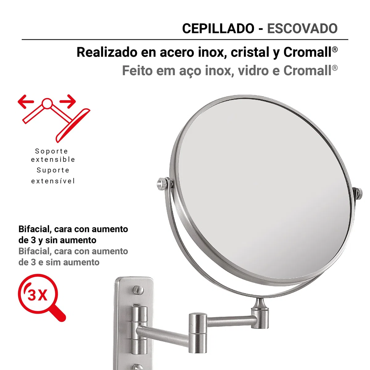 Gedy Gaia Espejo de Aumento, Espejo Maquillaje de Pared, 2 Caras, 3X, Extensible, Cepillado, Acero INOX y Cristal, 23-26 x 3,6-29 x 31