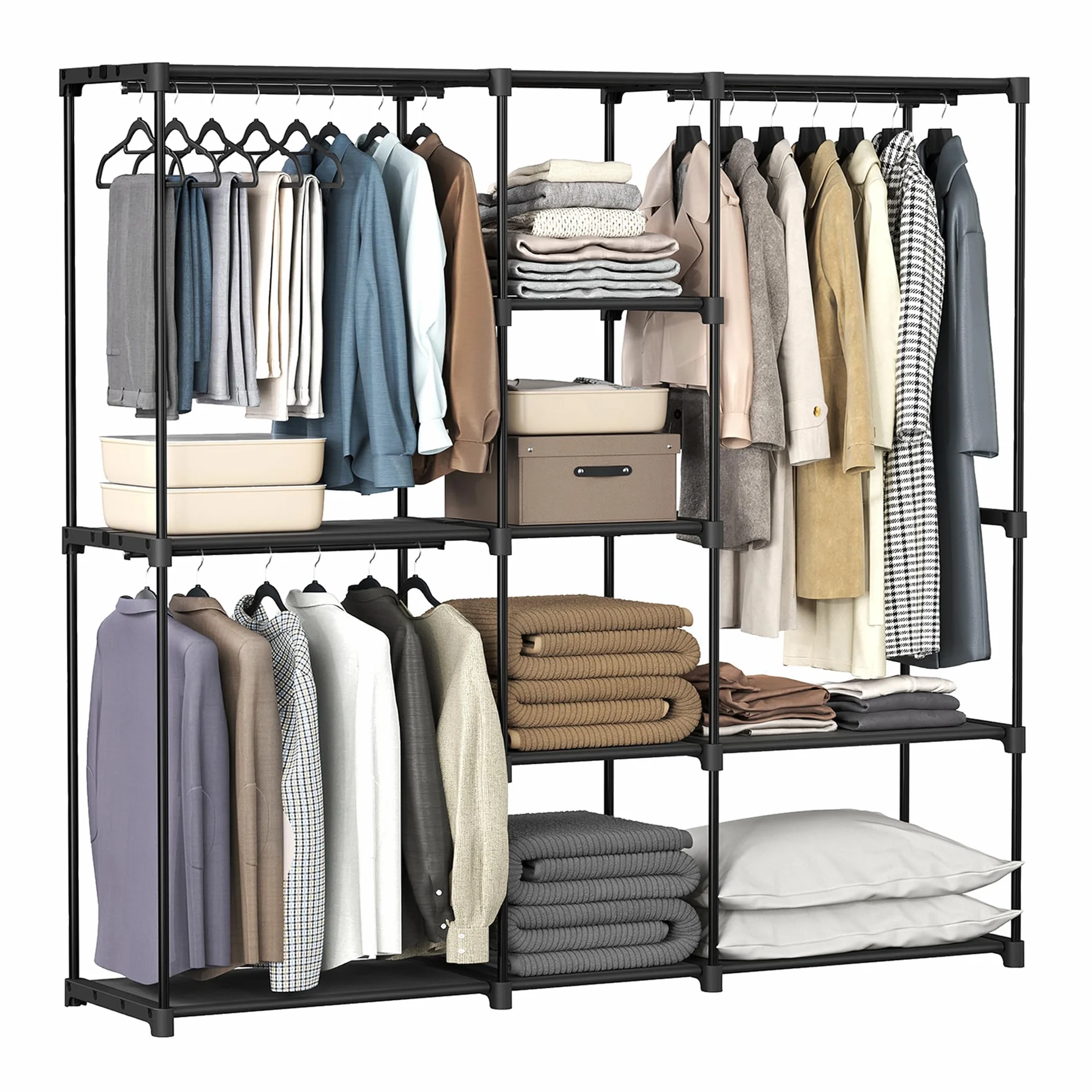 SONGMICS Armario, Perchero, Guardarropa, con Barras, Vestidor, Estantes de Tela, Marco de Metal, 182 x 43 x 182 cm, Negro Tinta RYG037B02
