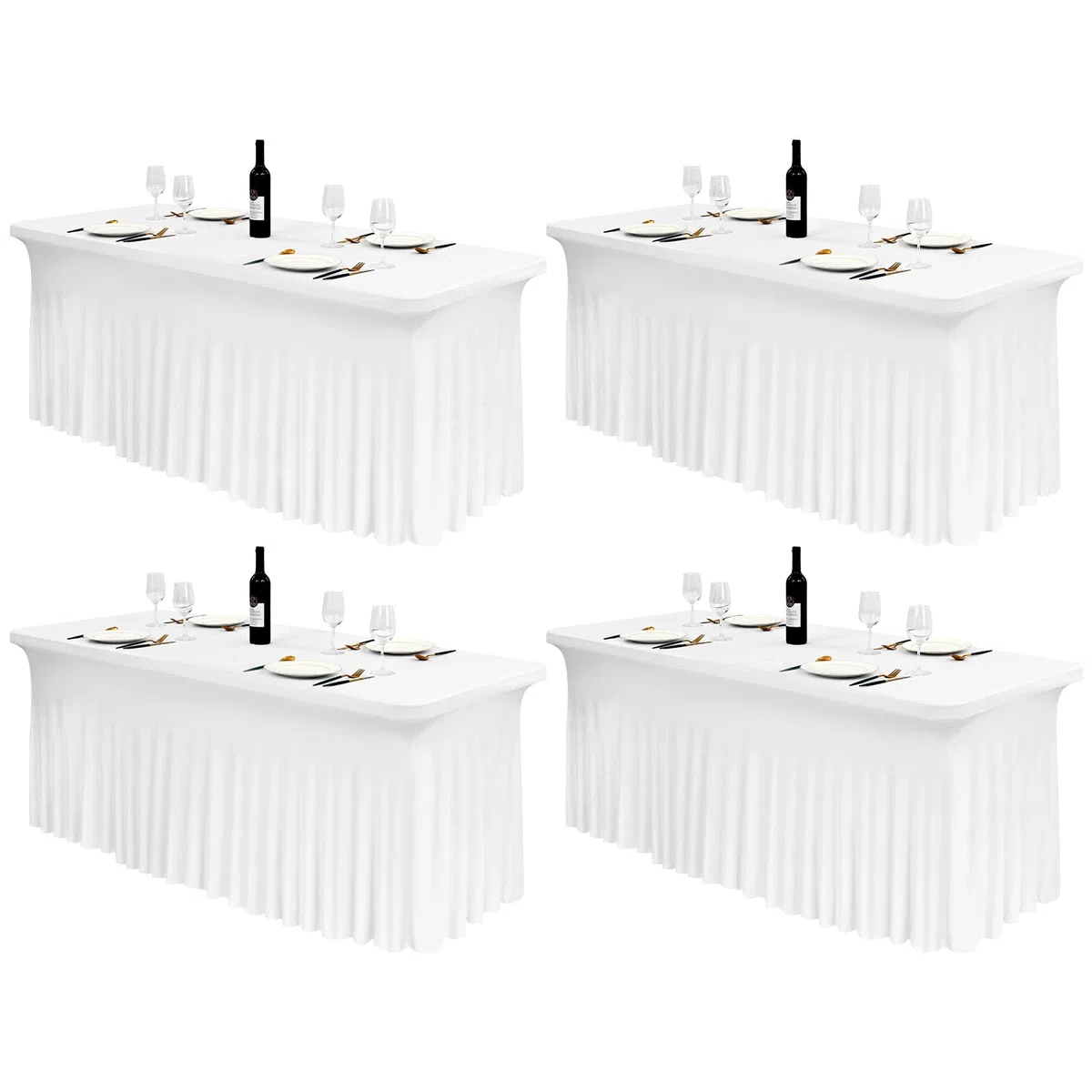 Pack de 4 Faldas de Mesa Ajustadas de Elastano Blanco, Mantel con Falda Lavable Resistente a Arrugas para Mesas Rectangulares de 6 Pies, Cubremesa con Drapeados Ondulados para Bodas, Banquetes