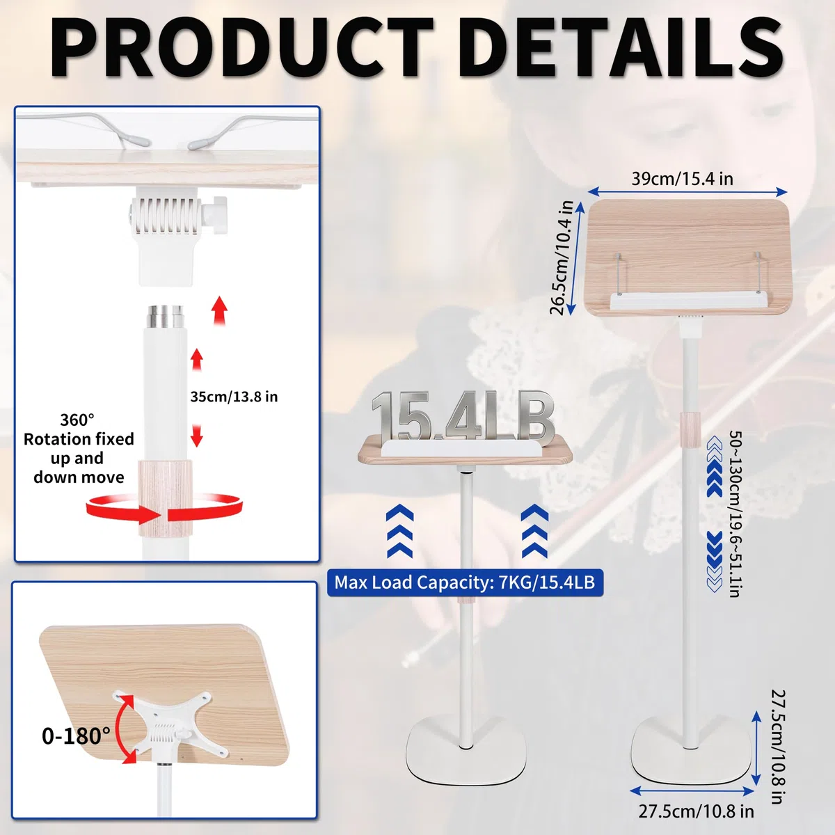 OUUTMEE Soporte de lectura de pie ajustable de 50 a 130 cm, soporte plegable para laptop, soporte de lectura de libros de madera, escritorio portátil para tableta, para libros, laptop, música y