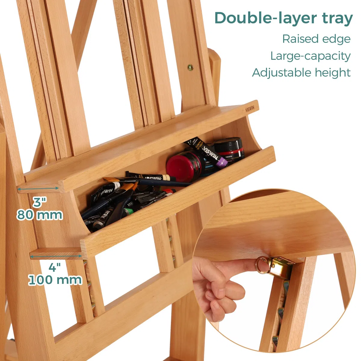 VISWIN Caballete Pintura en H Grande de Doble Mástil, Inclinable a Horizontal, Caballete Pintar Profesional Ajustable de Madera de Haya con 4 Ruedas & Bandeja para Adultos, Artistas, Pintor, Estudio