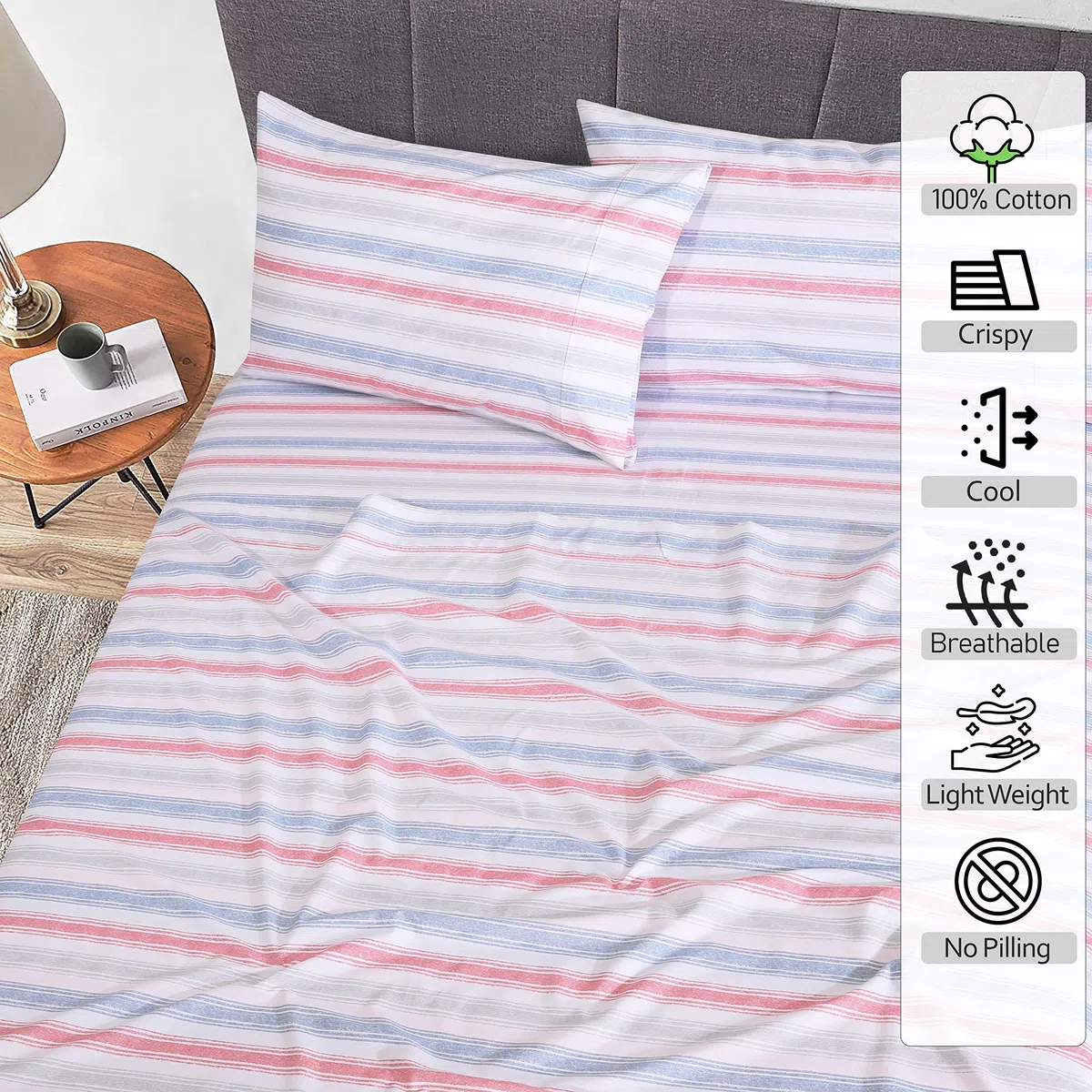 Ruvanti 100% Cotton Sheets Queen Size Set, 4 Pieces, Soft & Breathable Percale Weave Bedding, Deep Pocket 16", Hotel Standard, Crisp Cool Feeling, Durable, Striped Bed Sheet, Times
