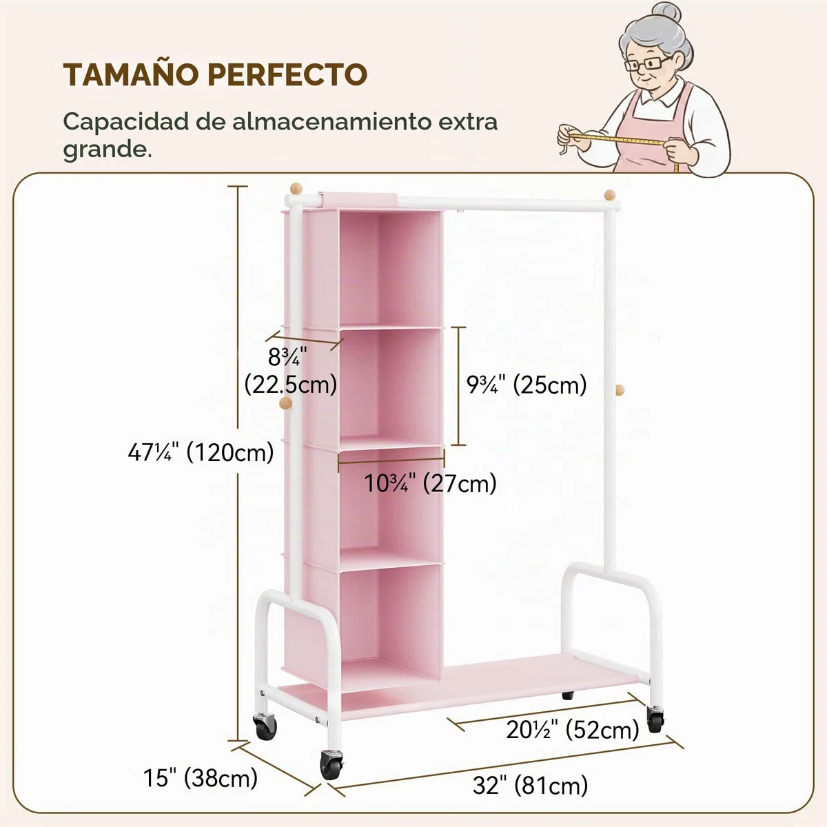 GRANNY SAYS Perchero Infantil con Organizador Colgante, Perchero con Ruedas para Disfraces Infantiles, Perchero para Ropa de Niños, Perchero para la Habitación del Bebé o la Guardería, Rosa/Blanco