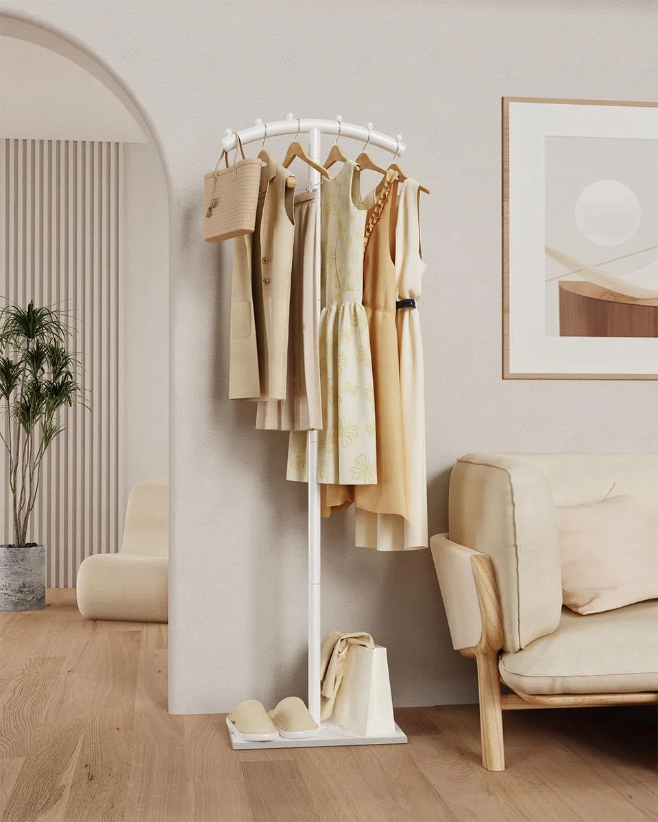 Perchero de metal de pie, Moderno Colgador de Ropa Curva en Forma de T, con Placa Inferior de Roca Gruesa, Percheros para Sala de Estar, Dormitorio, Entrada y Oficina, 175cm, Blanco