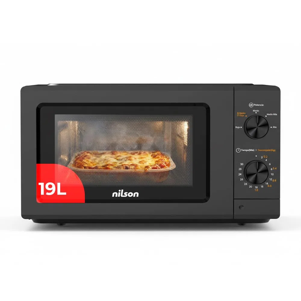 Nilson Microondas 19L Libre Instalación, Negro NMW2701N. 700W, 5 Programas, Mecánico, Modo Descongelación, Revestimiento Interior, Fácil Limpieza, Temporizador 30min