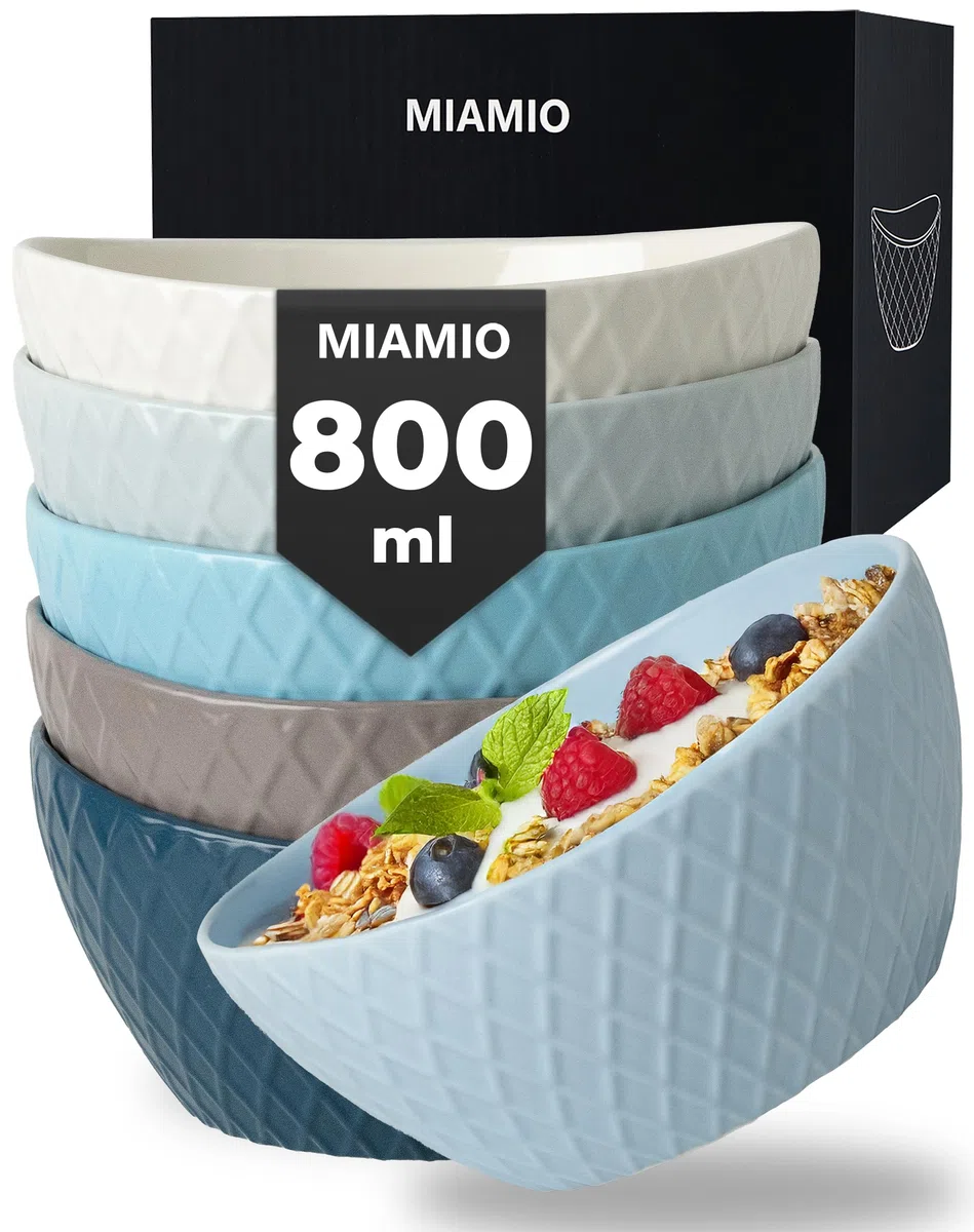 MIAMIO - 6 x 27 onzas - Juego de tazones y cuencos para cereales - Cuencos modernos mate - Colección Palmanova (azul)