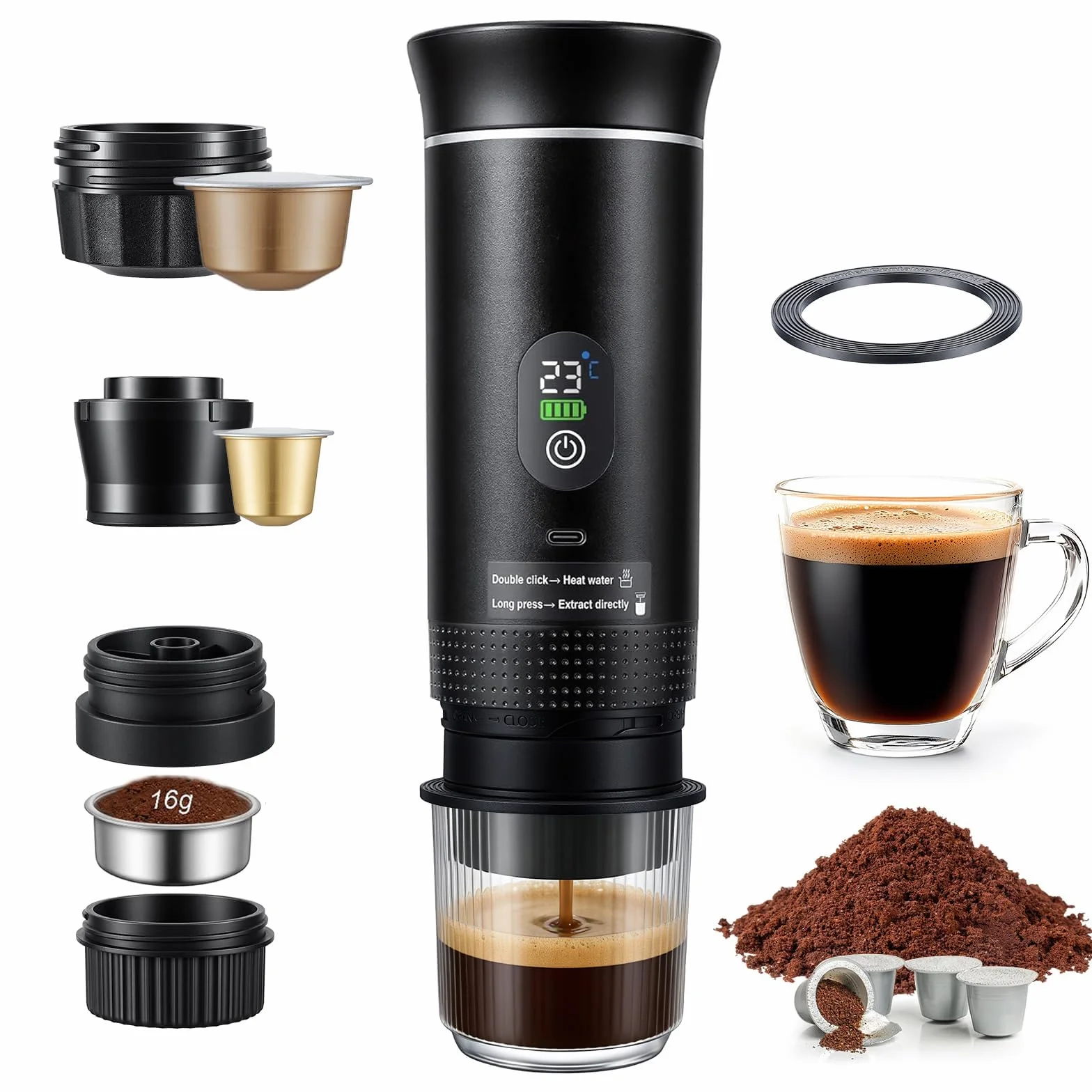 Cafetera Portatil Capsulas, Cafetera Portátil 20 Bar, 3 en 1 Cafetera Multicapsula y Molido, Maquina de Cafe, Cafetera Capsulas Portatil, Batería Recargable USB, Ideal Viajes, Camping, Oficina
