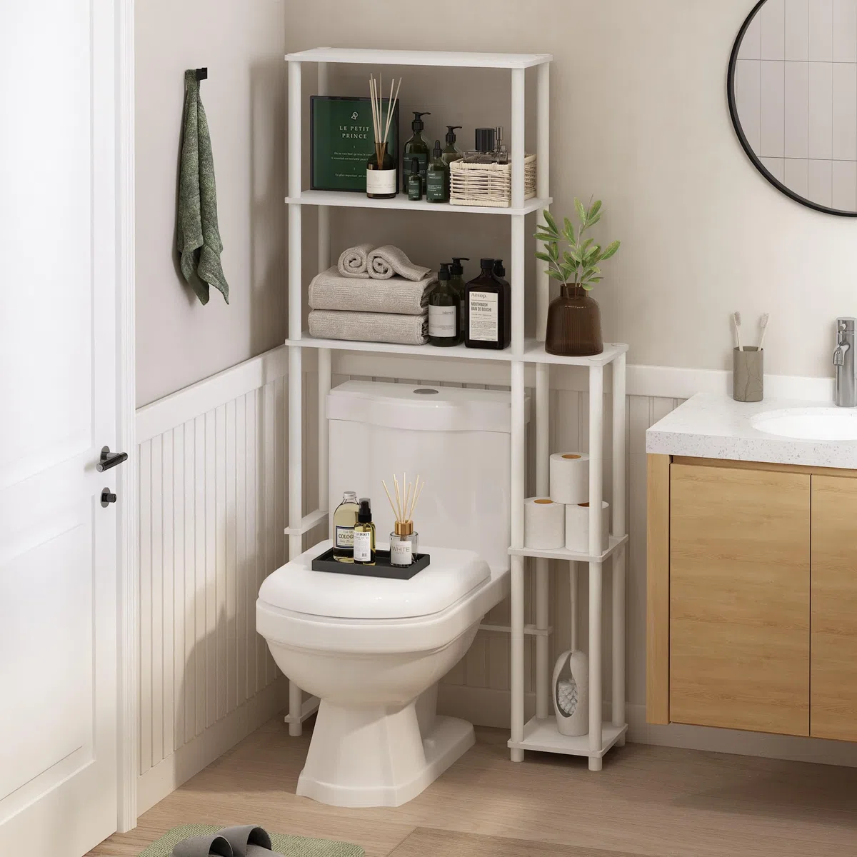 Furinno Turn-N-Tube Estantería De Baño Independiente para Ahorrar Espacio con 5 Estantes para Colocar sobre El Inodoro Color Blanco