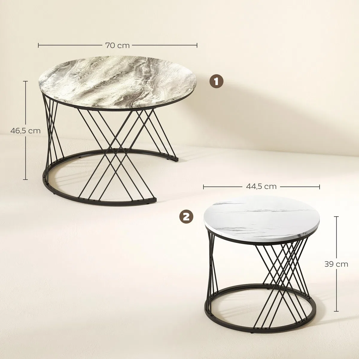 HOMCOM Juego de 2 Mesas Nido Mesas de Centro para Salón Redondas con Tablero con Diseño de Mármol Marco de Metal para Sala de Estar Dormitorio Gris y Blanco