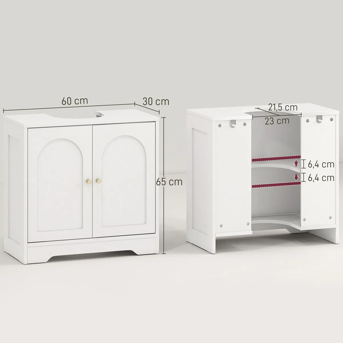 HOMCOM Mueble bajo Lavabo Mueble de Baño con 2 Puertas con Diseño de Arco Estante Ajustable Tiradores Dorados para Lavabo con o sin Pedestal 60x30x65 cm Blanco