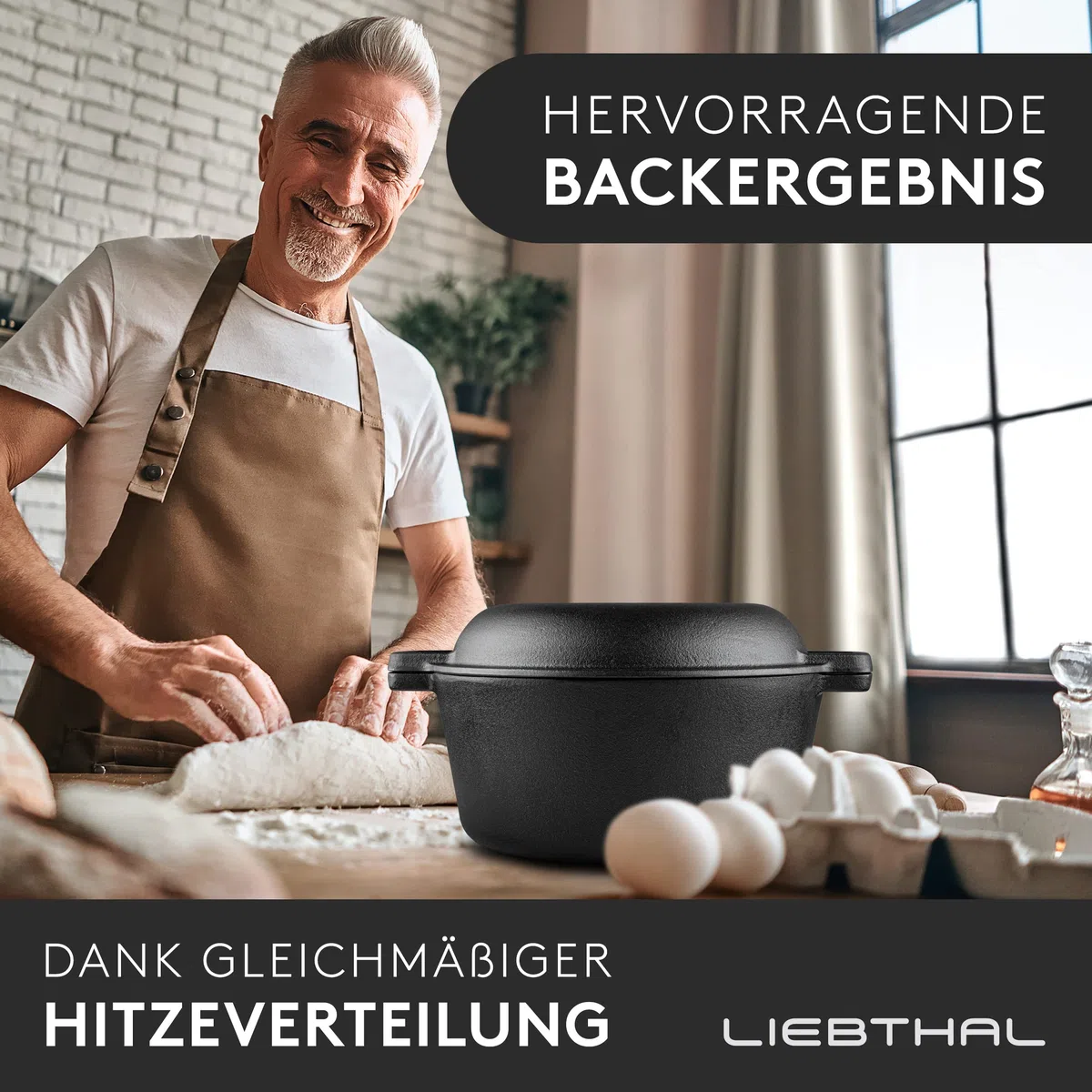 LIEBTHAL Olla de Hierro Fundido Con Tapa de 4,6 L, Sartén Robusta Para Hornear Pan, Freír y Guisar, Inserto de Silicona Antiadherente a Medida