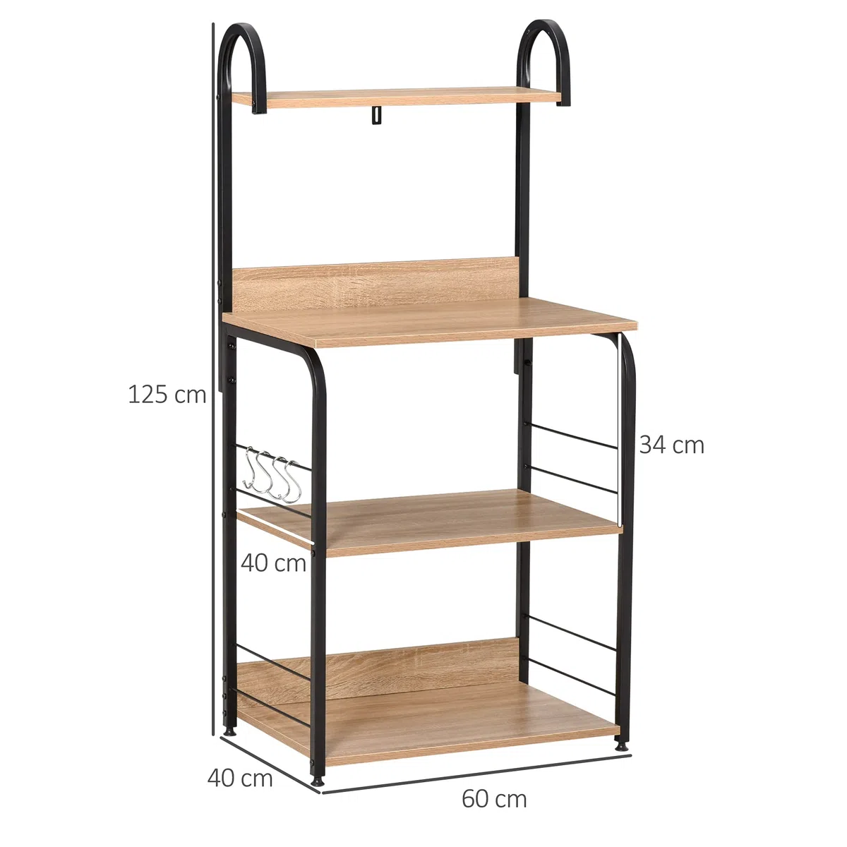 HOMCOM Estantería de Cocina de 4 Niveles Estante de Cocina con Ganchos Estantería para Microondas 60x40x125 cm Madera Natural