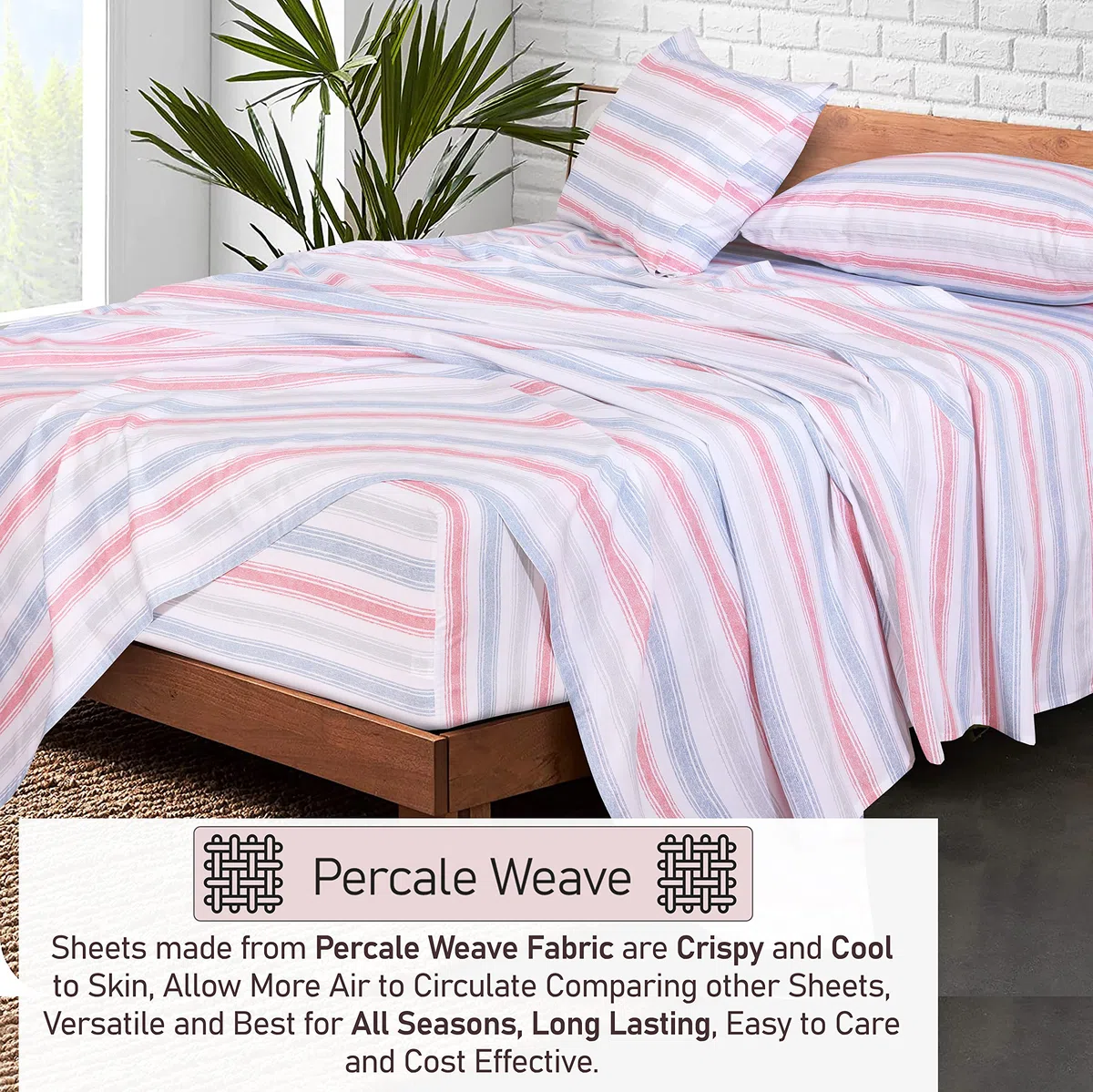 Ruvanti 100% Cotton Sheets Queen Size Set, 4 Pieces, Soft & Breathable Percale Weave Bedding, Deep Pocket 16", Hotel Standard, Crisp Cool Feeling, Durable, Striped Bed Sheet, Times