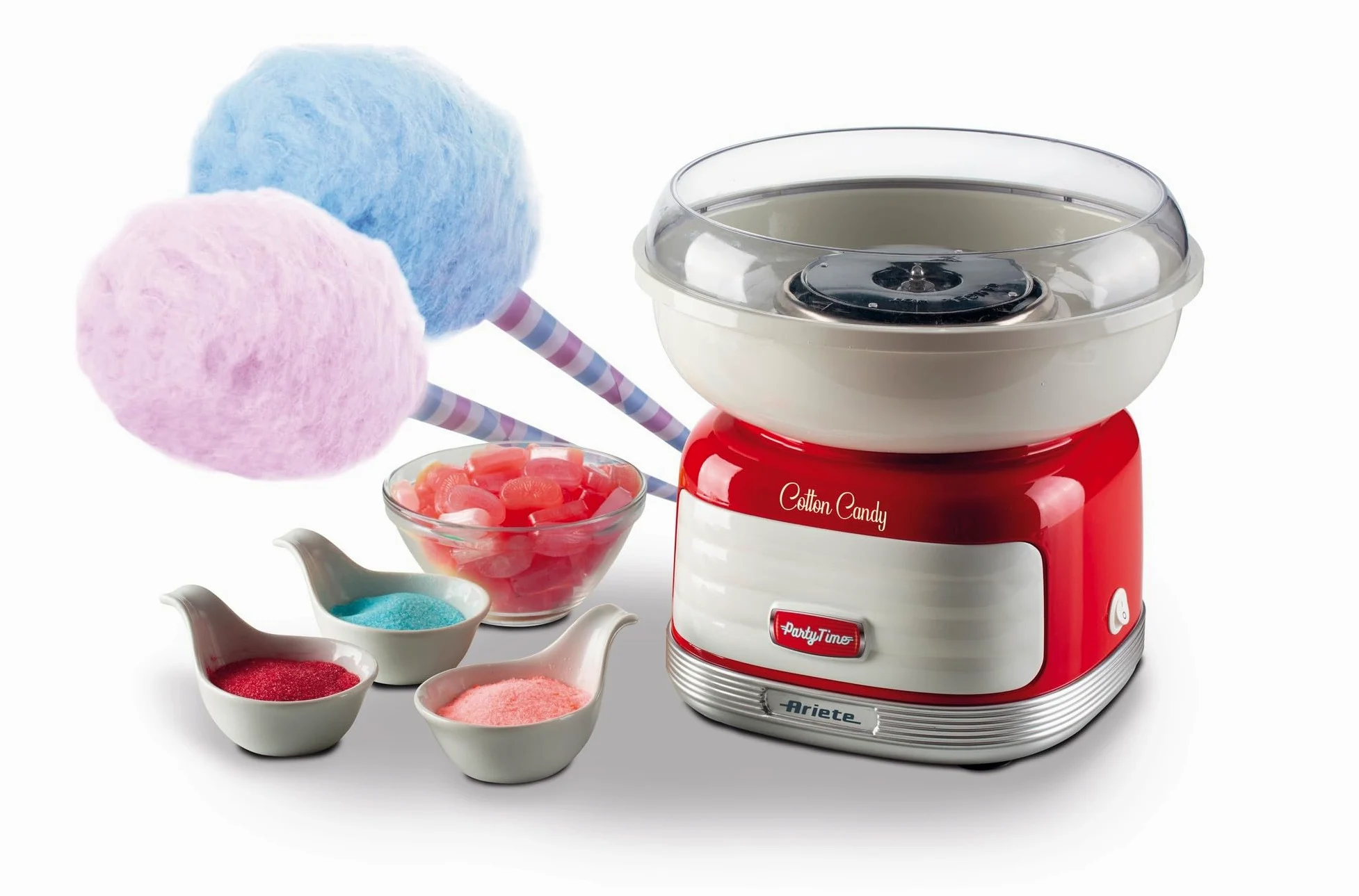 Ariete 2973, Máquina de algodón de azúcar Party Time, cotton candy, 500w, diseño retro, funciona con azúcar y caramelos duros, 2 conos de plástico, desomontable, color rojo