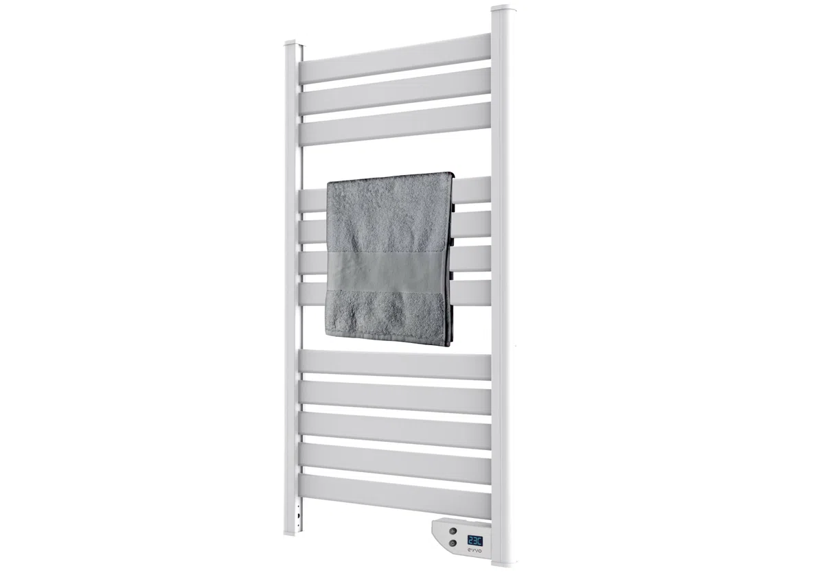 EVVO Toallero Eléctrico C500 Blanco - Radiador Electrico Bajo Consumo 450W, Tendedero Electrico para Baño, Pantalla LED, Temporizador 2h, Seguridad Sobrecalentamiento, IPX4, Incluye Kit