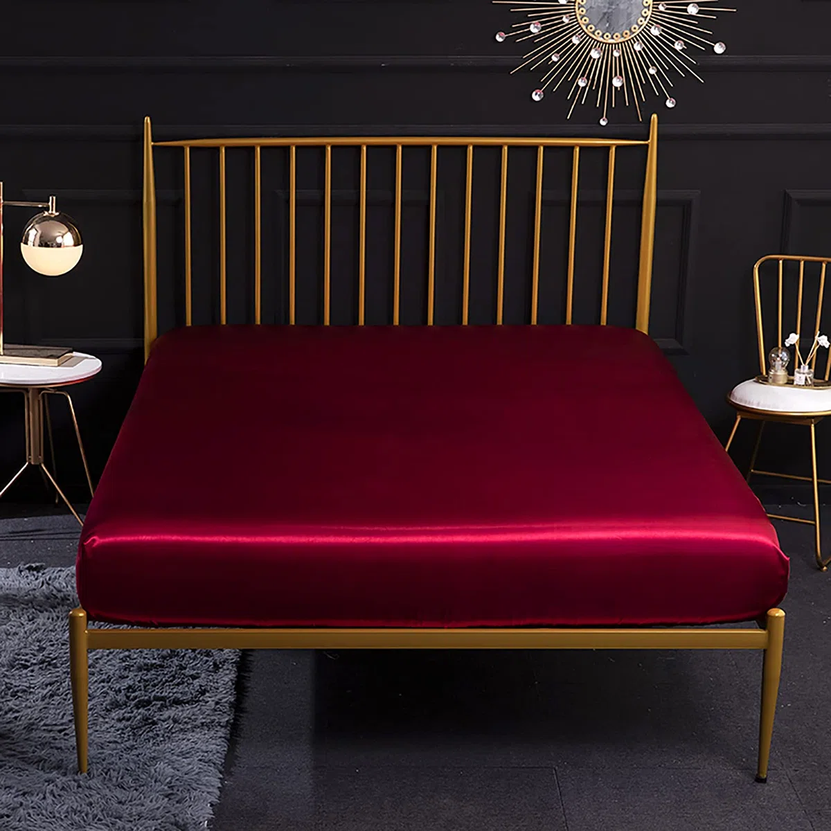 Jemiipee Juego de Sabanas de Cama Raso Color Sólido, 1 x Sábana Bajera Ajustable 180x200 cm con 35 Bolsillo Profundo, 1 x Encimera y 2 x Fundas de Almohada, Rojo Burdeos