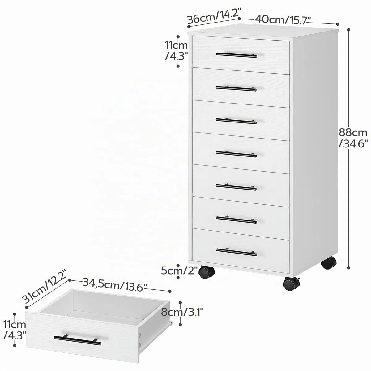 HOOBRO Cajonera con 7 Cajones, Archivador, Archivador de Madera, Armario de Oficina con Cajones, Armario de Almacenamiento, para Oficina en Casa, Montaje Sencillo, Blanco EWT07WJ01
