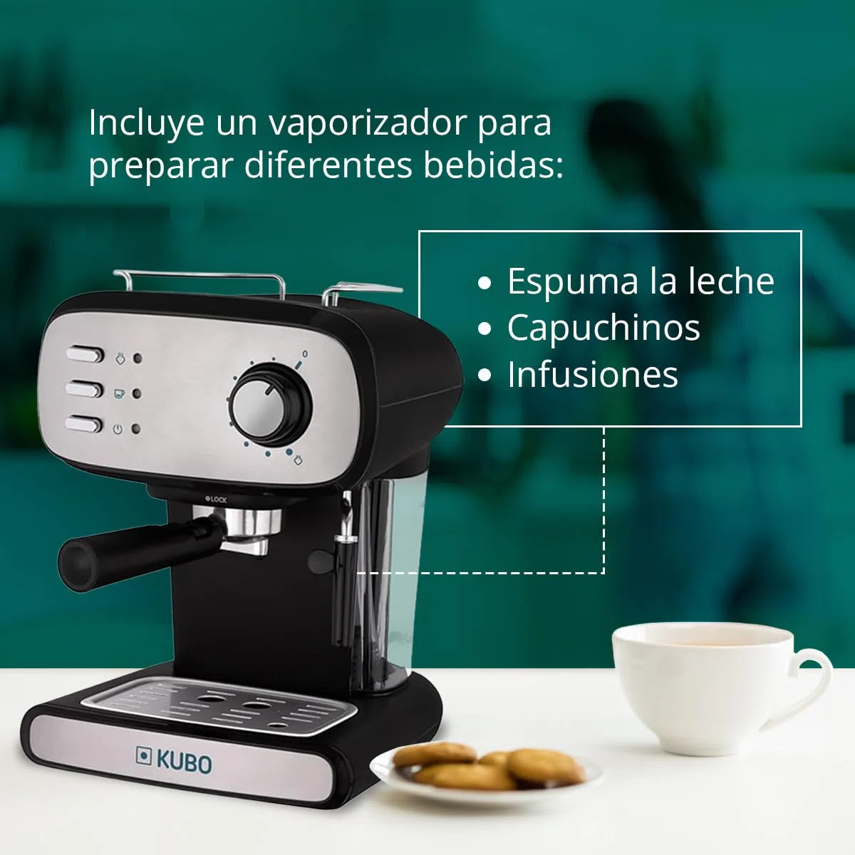 KUBO - Cafetera Espresso, Presión 15 bar, Depósito Agua 1.2L, 850W, Vaporizador para capuchino o bebidas con leche, Limpieza Fácil